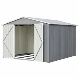 RYHNUYNE - 10x12 ft Galvanized Steel Shed Floor Frame Double Doors Sloped Roof Garden - Gray