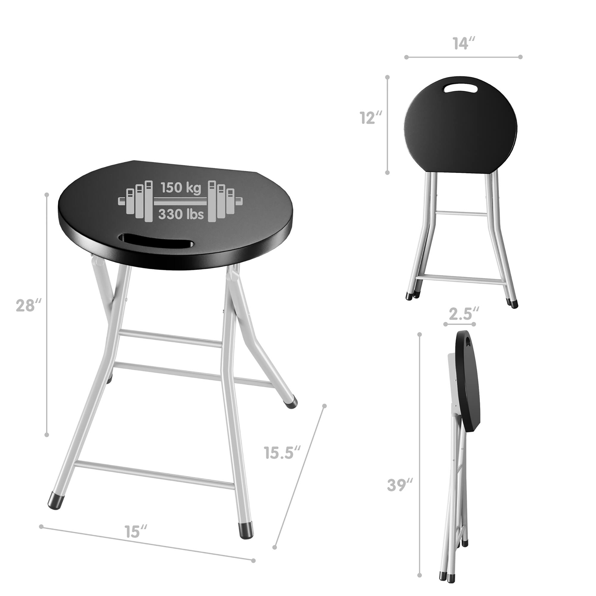 - Diameter: 14"
- Height: 12"
- Weight Capacity: 150 kg / 330 lbs
- Seat Height: 28"
- Seat Depth: 2.5"
- Table Height: 15.5"
- Overall Height: 39"
- Base Width: 15"