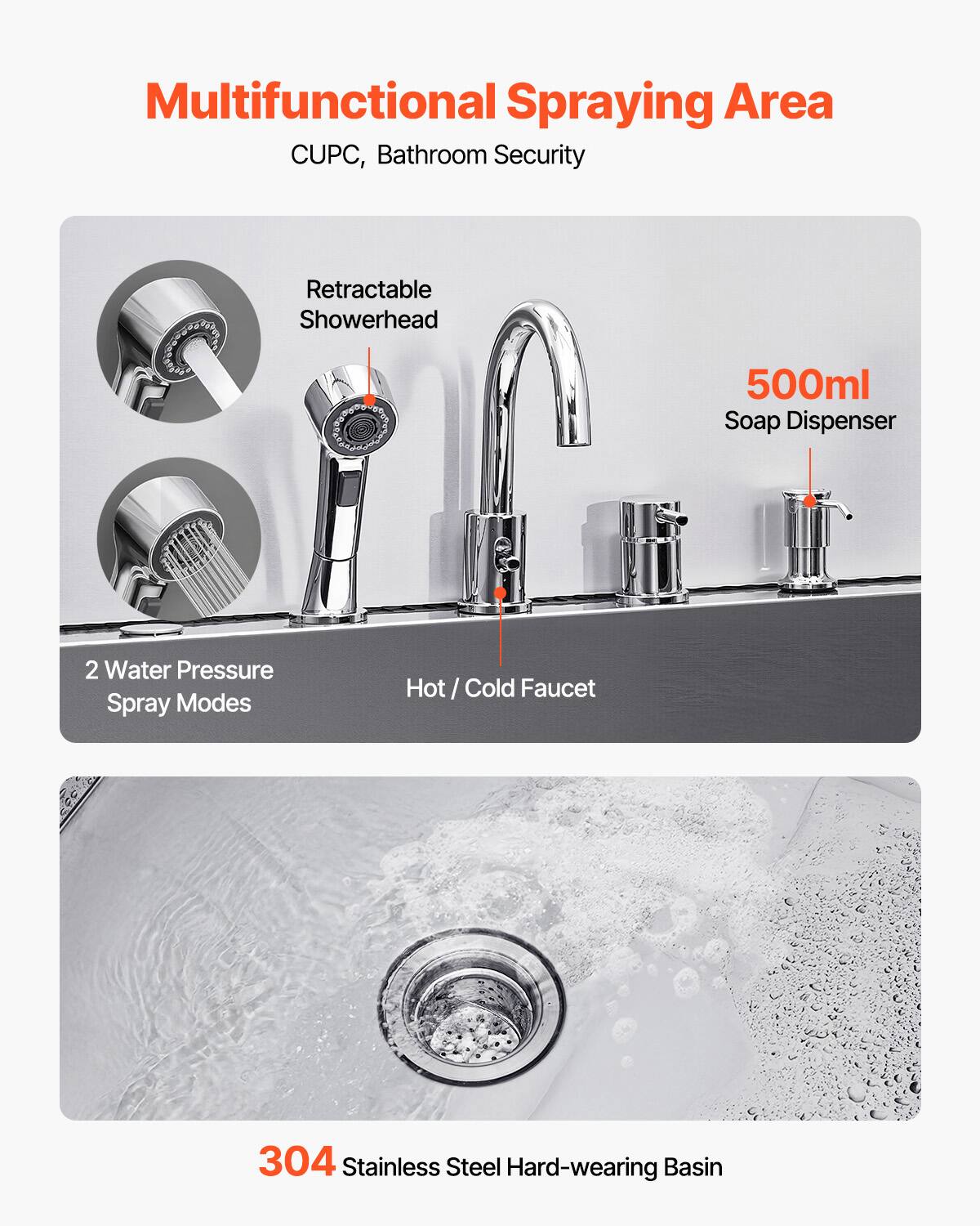 Multifunctional Spraying Area  
CUPC, Bathroom Security  

- Retractable Showerhead  
- 500ml Soap Dispenser  
- 2 Water Pressure Spray Modes  
- Hot / Cold Faucet  

304 Stainless Steel Hard-wearing Basin