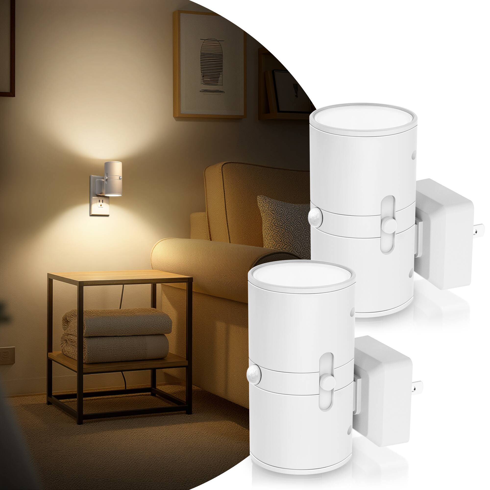 Angle. Jandcase - JANDCASE 2-Pack 1W Plug-in Motion Sensor Night Light, 3000K Warm Glow, Round Cylinder Design, , ON/OFF/AUTO Modes - White.