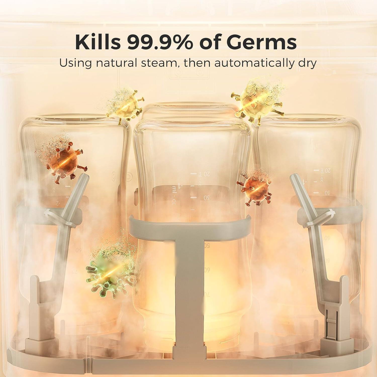 Kills 99.9% of Germs  
Using natural steam, then automatically dry