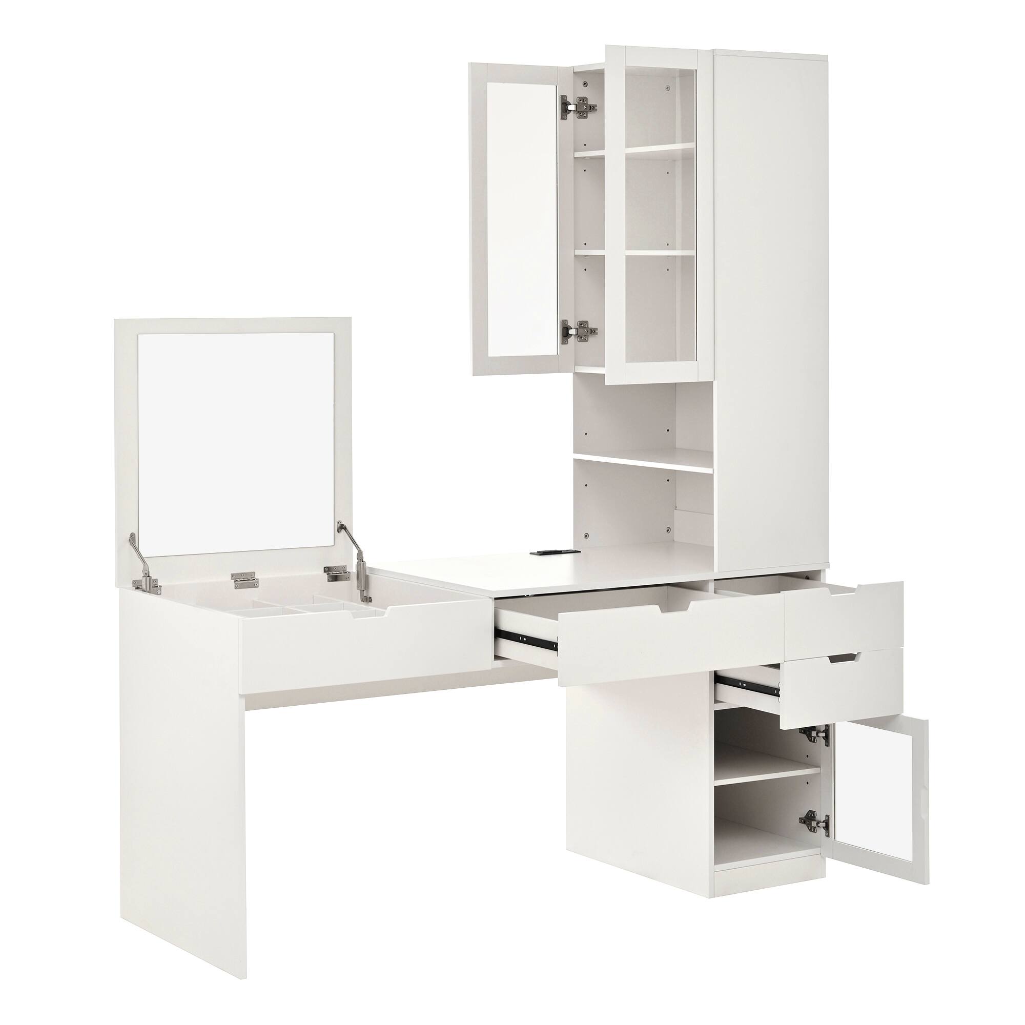 Alt View 4. Tiramisubest - Versatile Vanity & Computer Desk with Mirror,Charging Station,Hidden Compartments,3 Drawers,2 Cabinets and Shelves,White - White.