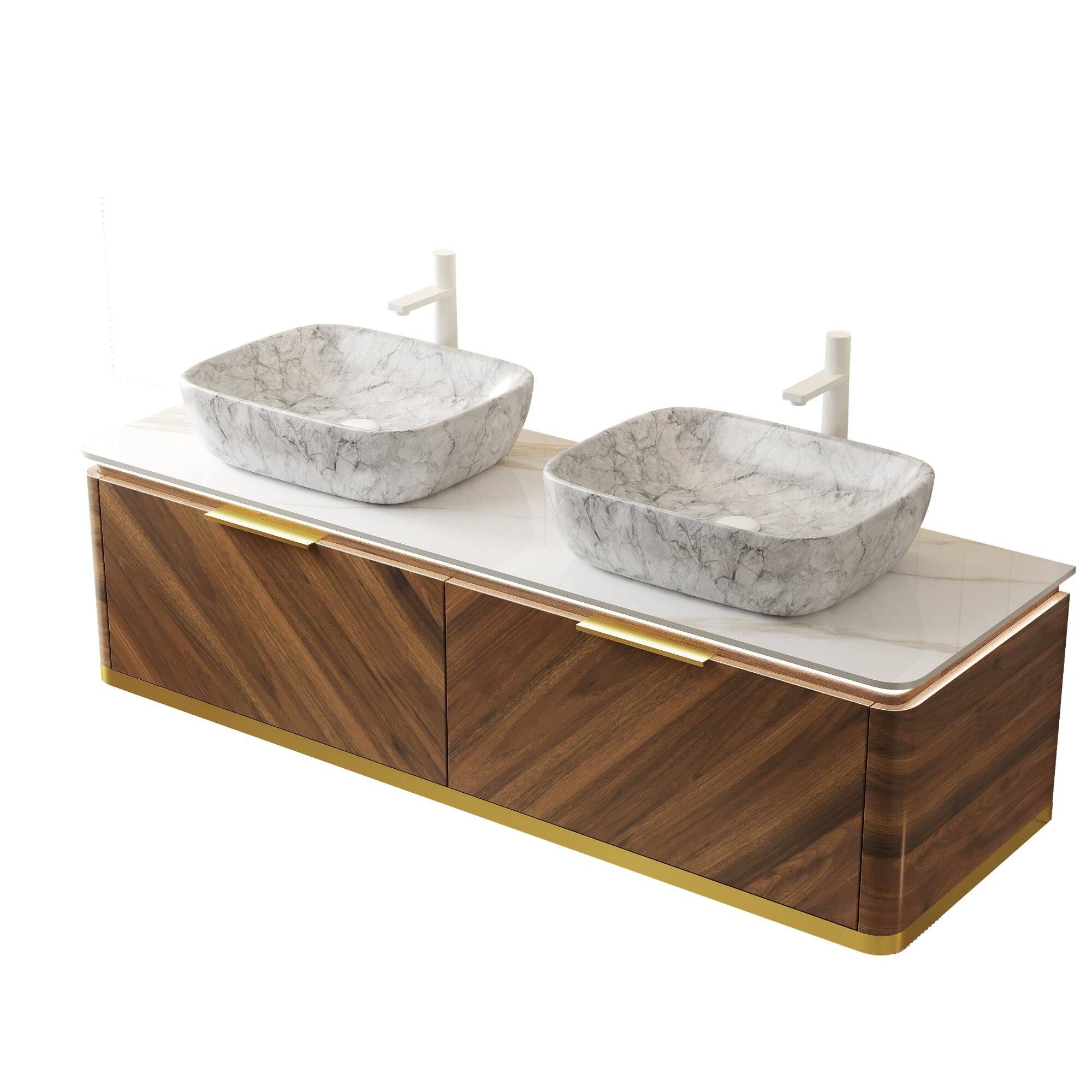 Alt View 2. Boyel Living - 60 Bathroom Vanity with 2 Drawers Sensor Light 2 Marble Pattern Ceramic Vessel Basins Sintered Stone Dark Walnut - Carrara White,Dark Walnut,Stone White.