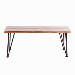 RYHNUYNE - Outdoor Rectangular Coffee Table,Slatted Wood Top with Metal Legs,Patio Accent Side Table for Garden - Teak