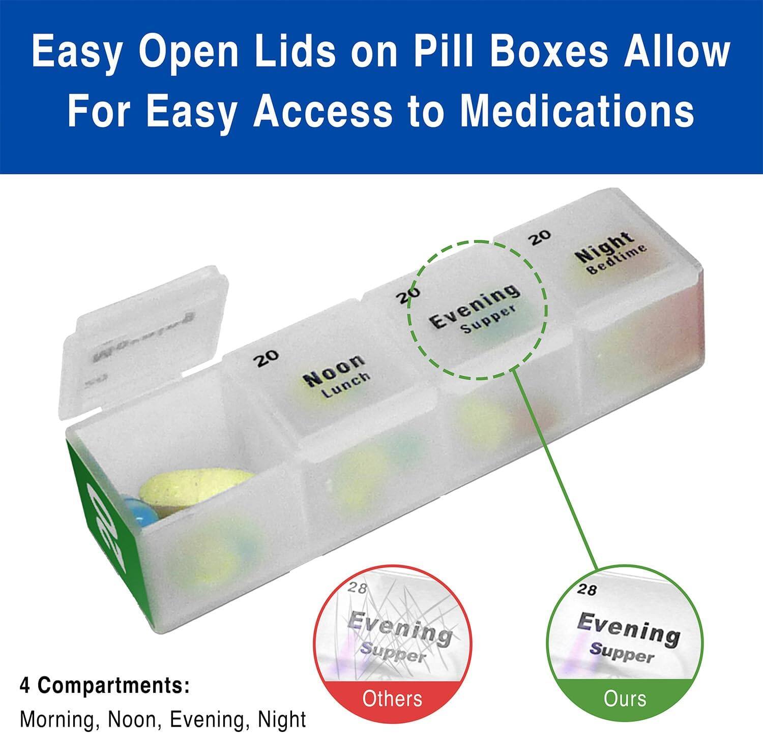 Easy Open Lids on Pill Boxes Allow For Easy Access to Medications

20 Night
20 Evening Supper
20 Noon Lunch
28 Evening Supper

4 Compartments: Morning, Noon, Evening, Night