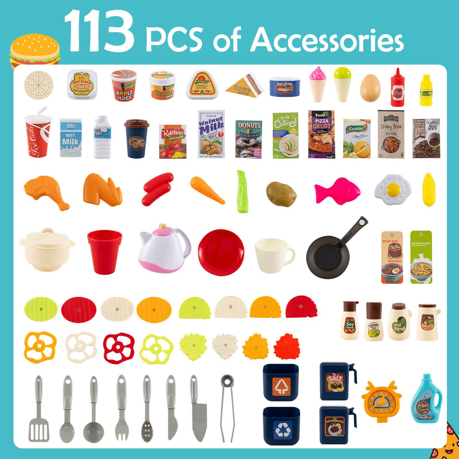 113 PCS of Accessories

- Soda Can
- Apple Juice
- Orange Juice
- Walnut Milk
- Coffee
- Raisin
- Donuts
- Oatmeal Crust
- Cookies
- Crispy Rice
- Coffee Beans
- Potato
- Carrot
- Tomato
- Fish
- Egg
- Hot Sauce
- Soy Sauce
- Pepper
- Salt
- Oil
- Tea Pot
- Mug
- Pan
- Cutting Board
- Utensils (fork, knife, spoon, spatula, etc.)
- Play Food Items (burger, fries, etc.)
- Containers (milk, juice, etc.)
- Decorative Items (flower-shaped cutters, etc.)
- Recycling Bin
- Thermometer
- Cleaning Bottle