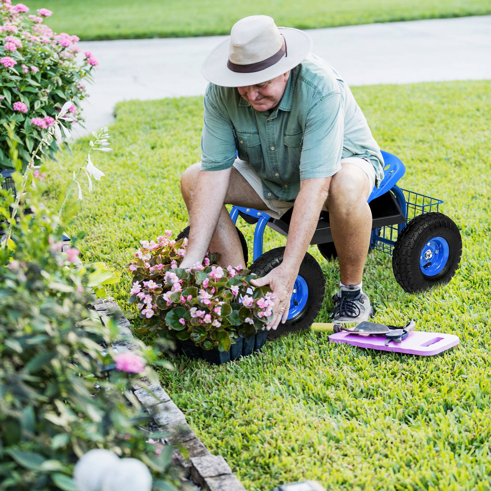 Angle. SKONYON - Heavy Duty Garden Rolling Seat Cart with Large Pneumatic Wheels and Tool Tray Storage - Blue.