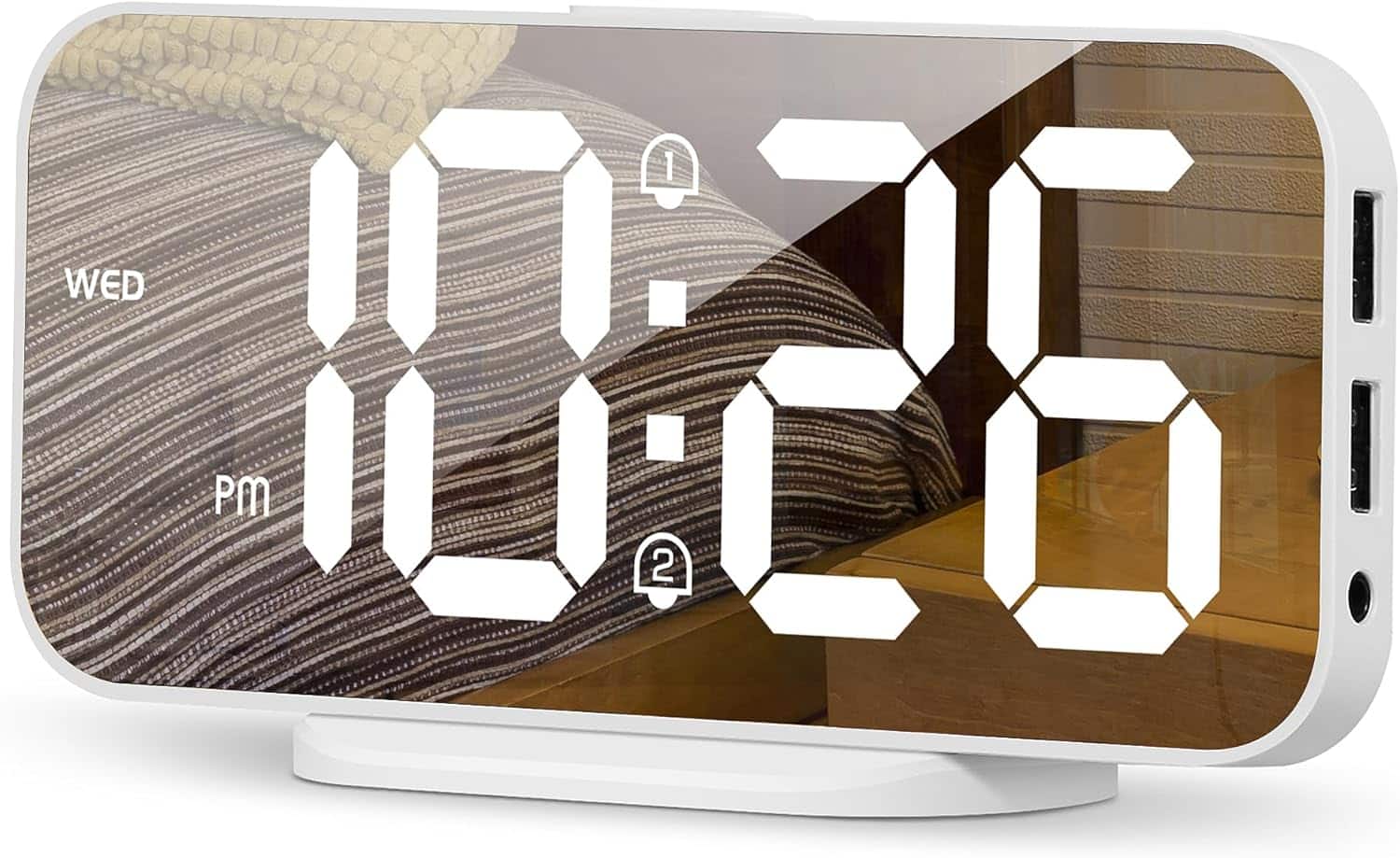 Stamp n Camp - Digital Alarm Clock for Bedroom,6.7" LED Mirror Surface with 2 USB Charger Port,Adjustable Brightness,Dual Display Room - White
