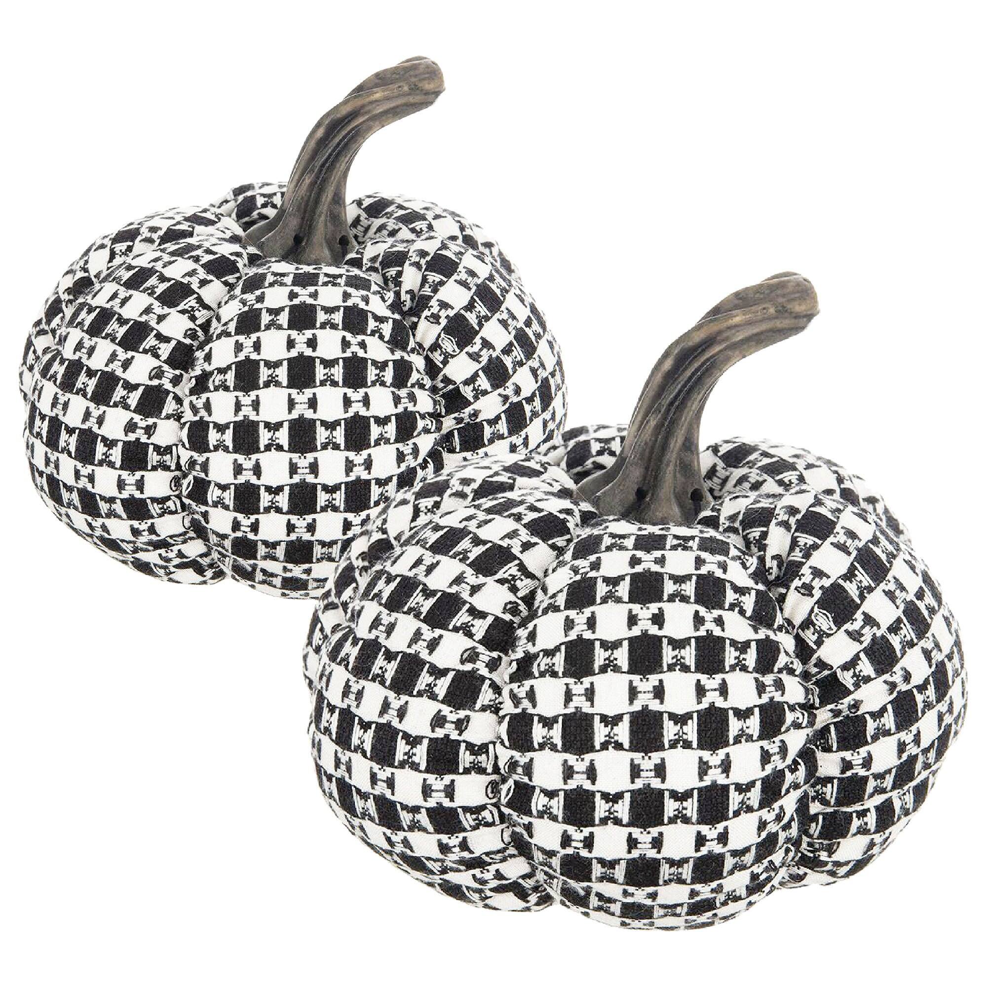 Boyel Living - Set of 2 Black and White Plaid Fabric Pumpkin Decor Farmhouse Halloween Decoration - Black,White