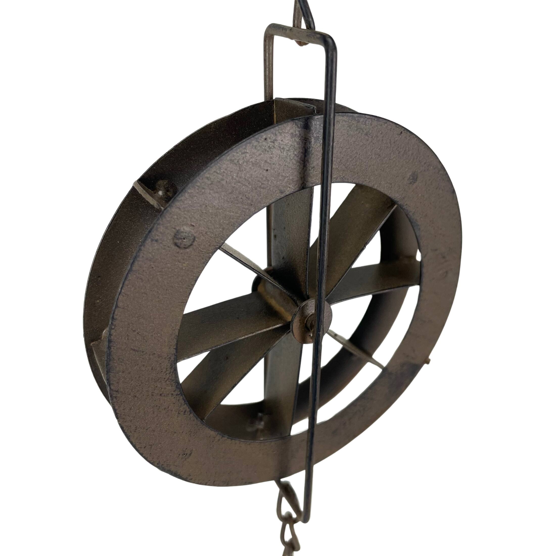 Alt View 2. Things2Die4 - 78-Inch Metal Rain Chain - 6 Water Wheels & Weighted Bell, Rustic Brown Finish - Brown.