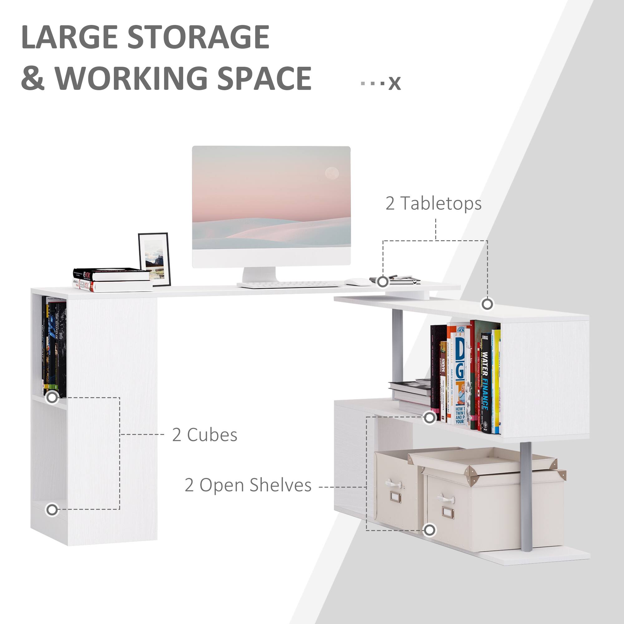 LARGE STORAGE & WORKING SPACE - 2 Tabletops, 2 Cubes, 2 Open Shelves