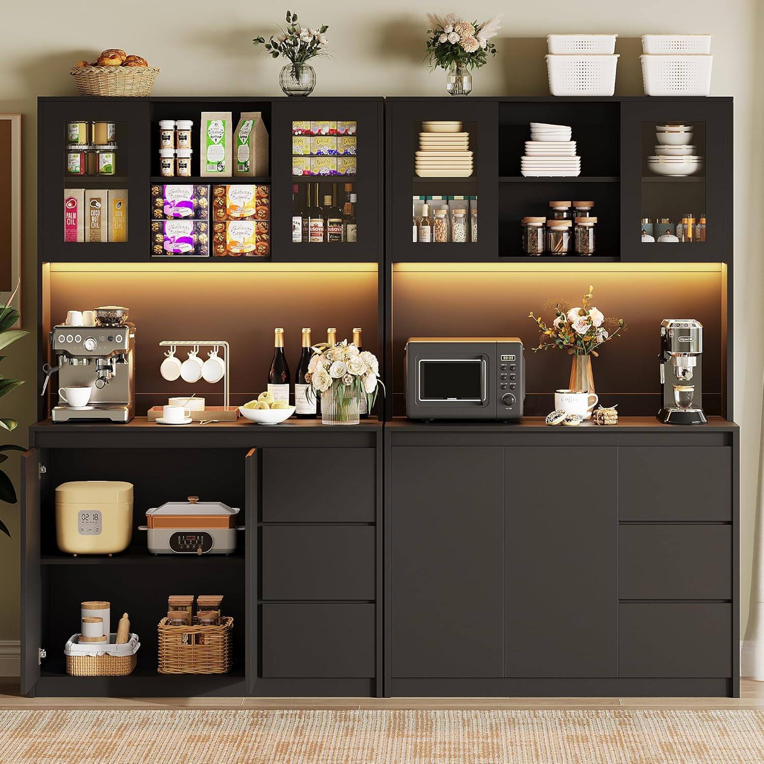 Alt View 3. Homhougo - 71" Tall Kitchen Pantry Cabinet, Kitchen Storage Hutch with Led Lights and Power Outlets, Microwave Stand, Glass Door - Black.