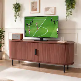 MERAVOM - TV Stand, Boho Entertainment Center for TVs up to 65 in, TV Media Console with Adjustable Storage Shelves & Rolling Door - Brown