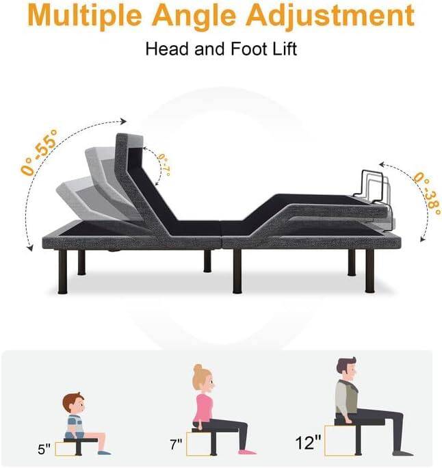 Multiple Angle Adjustment, Head and Foot Lift, 0-55, 0-38, 5", 7", 12"