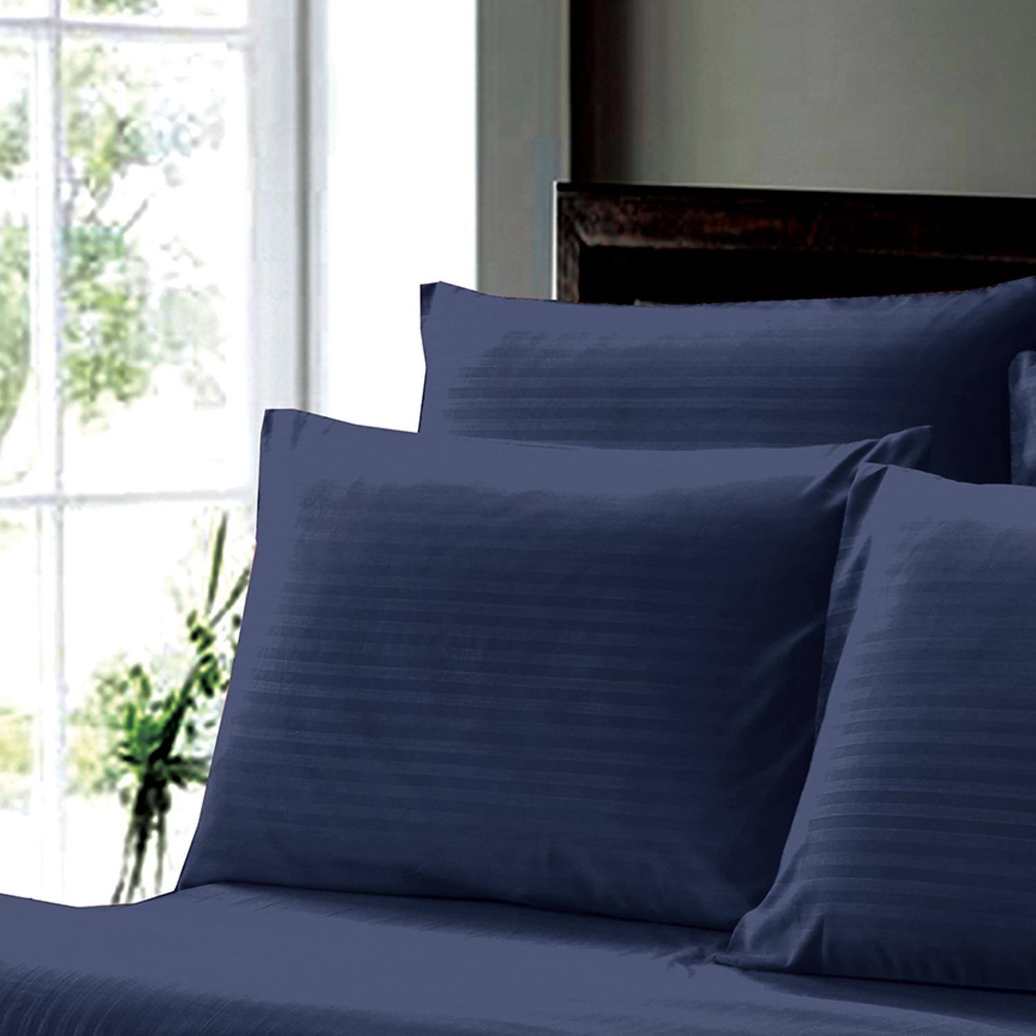 Alt View 2. Plazatex - Plazatex Dobby Stripe Luxurious Ultra Soft Moisture Wicking Solid Color 6 Pieces Sheet Set Queen Navy - Navy.