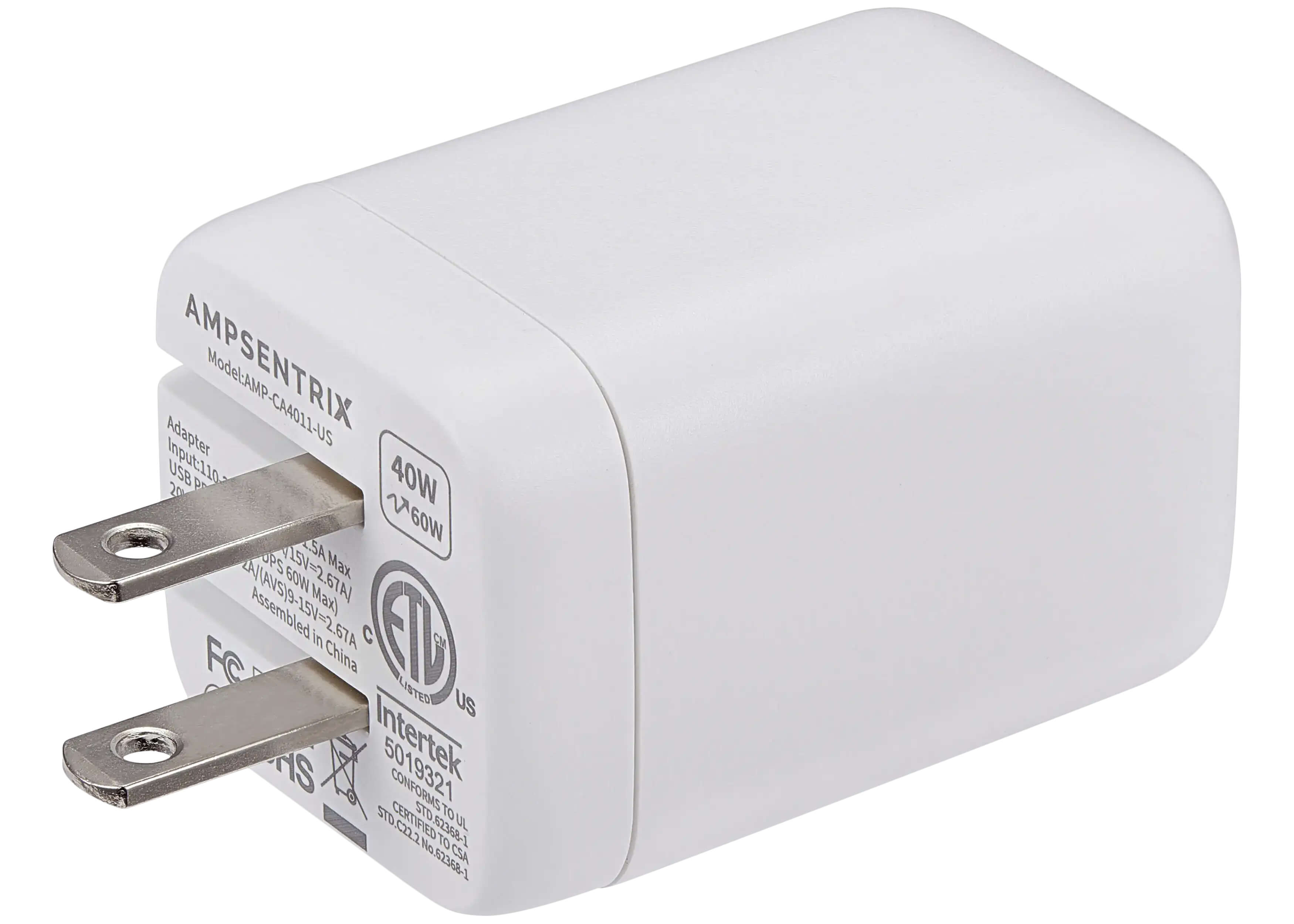 Adapter Model: AMP-CA4011-US  
Input: 110V  
USB P  
40W 20V  
60W OPS SA  
15V-267A/ 60W Max A/(AVS)9-15V=2.67A  
Assembled in China  
ED C LISTED  
EM US AS  
Intertek 5019321  
CONFORMS TO STD  
CERTIFIED UL D.C22.2 No. 62368-1  
CSA 1