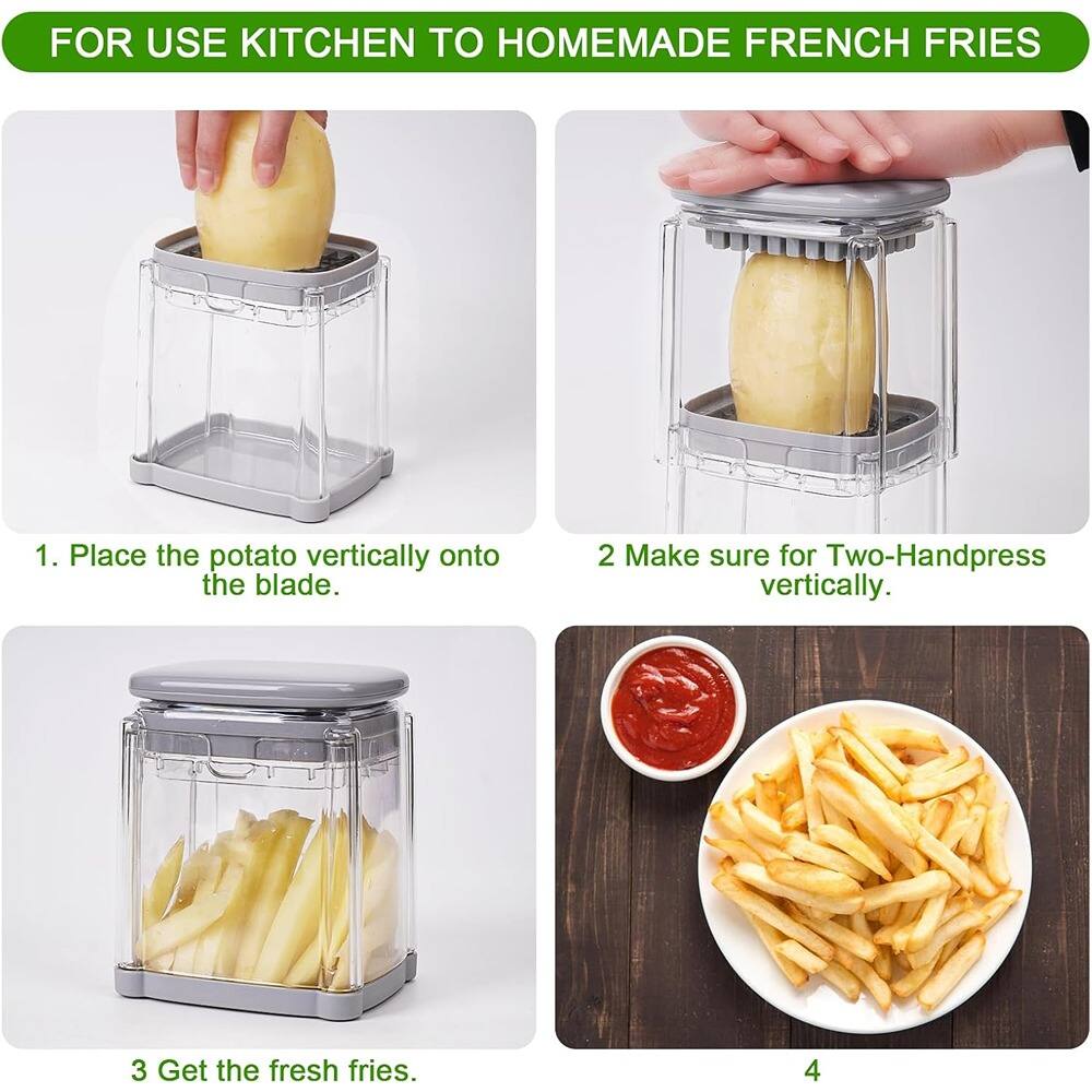 FOR USE KITCHEN TO HOMEMADE FRENCH FRIES

1. Place the potato vertically onto the blade.
2. Make sure for Two-Handpress vertically.
3. Get the fresh fries.
4.