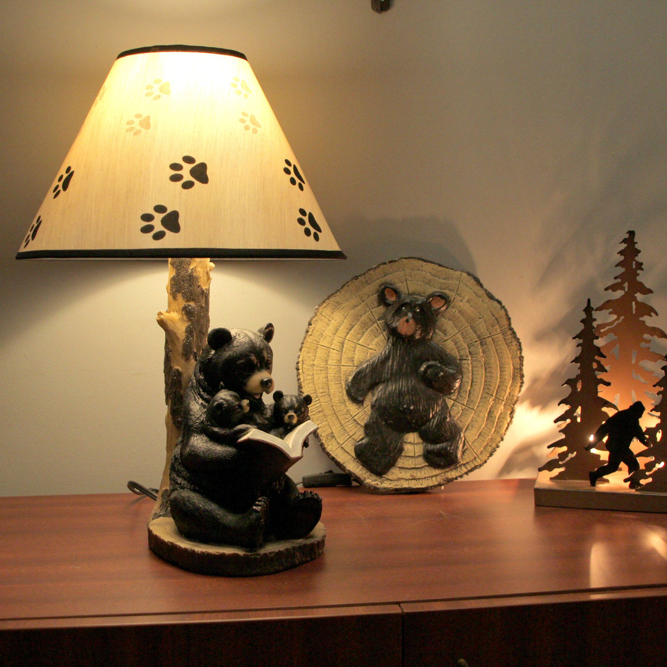 Alt View 3. Zeckos - Black Bear Reading to Curious Cubs Table Lamp w/Paw Print Shade Western Décor - Black.