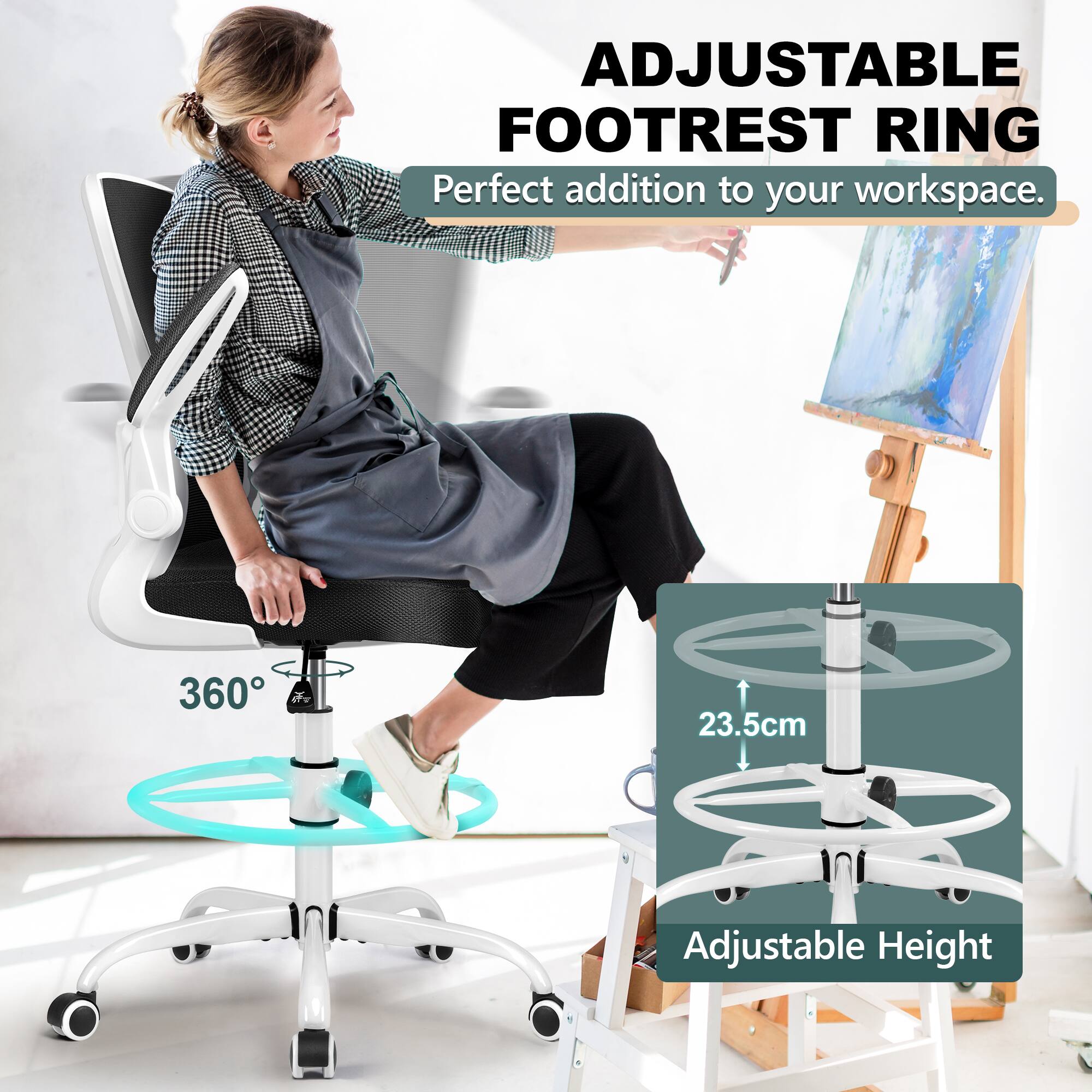 ADJUSTABLE FOOTREST RING  
Perfect addition to your workspace.  
360°  
23.5cm Adjustable Height