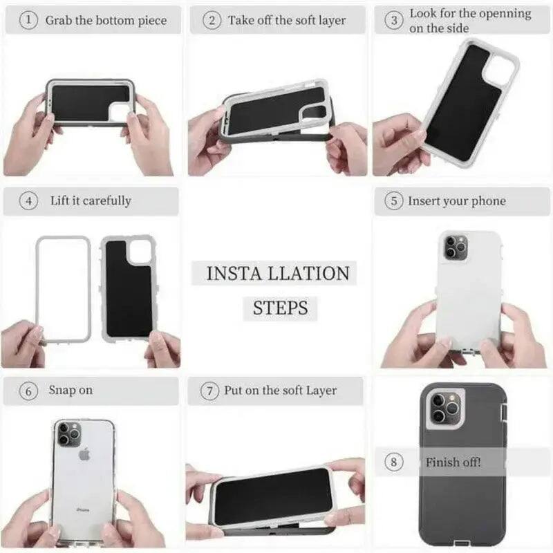1. Grab the bottom piece
2. Take off the soft layer
3. Look for the opening on the side
4. Lift it carefully
5. Insert your phone
6. Snap on
7. Put on the soft layer
8. Finish off!