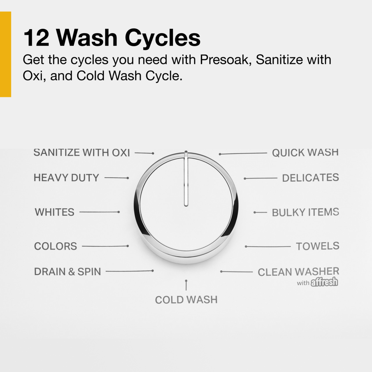 12 Wash Cycles

Get the cycles you need with Presoak, Sanitize with Oxi, and Cold Wash Cycle.

- SANITIZE WITH OXI
- HEAVY DUTY
- WHITES
- COLORS
- DRAIN & SPIN
- COLD WASH
- QUICK WASH
- DELICATES
- BULKY ITEMS
- TOWELS
- CLEAN WASHER with Affresh