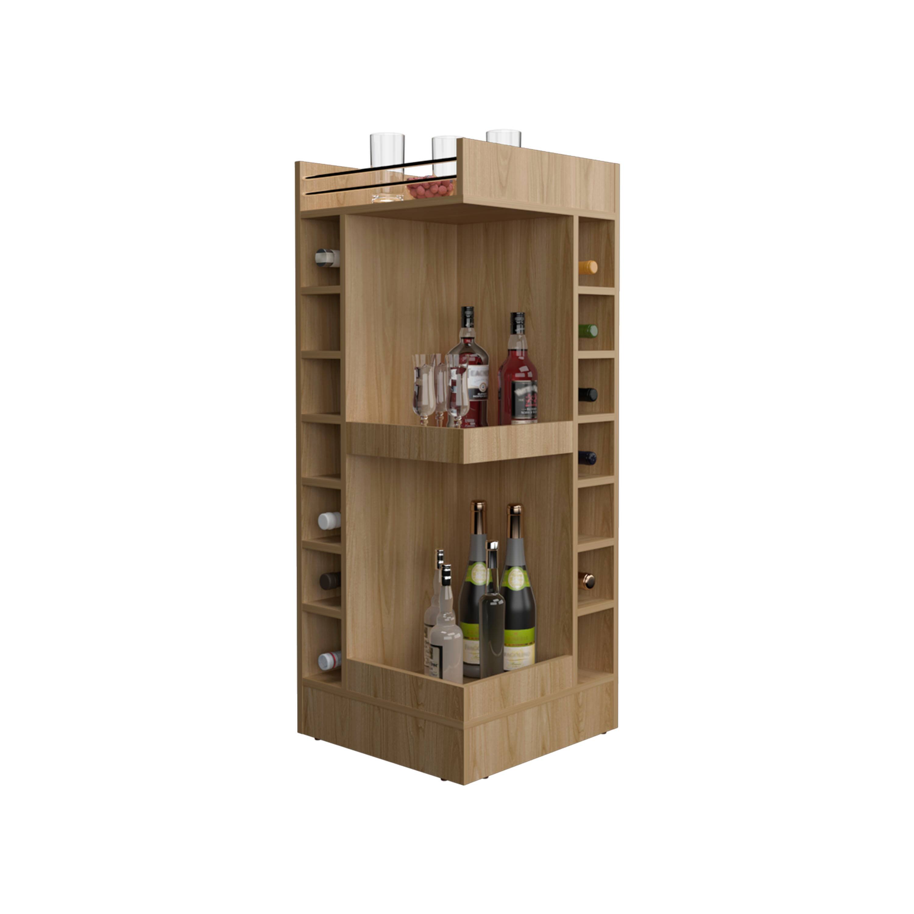 Alt View 3. TuHome - Lyman Tall 3-Tier Corner Bar Cabinet with Fourteen Wine Bottle Cubbies, Living Room, Liquor Cabinet, Storage Cabinet - Natural Oak.