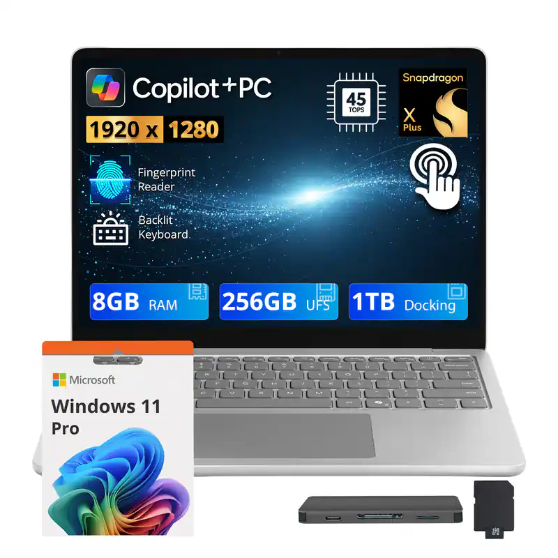 Copilot+PC  
1920 x 1280  
45 TOPS Snapdragon X Plus  
Fingerprint Reader  
Backlit Keyboard  
8GB RAM  
256GB UFS  
1TB Docking  
Microsoft Windows 11 Pro
