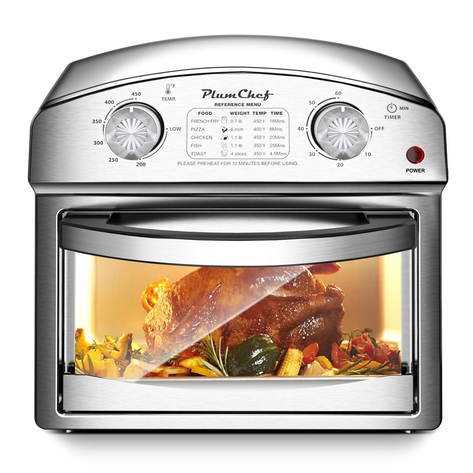 400 350 450 F Plum Chef TEMP REFERENCE MENU FOOD WEIGHT TEMP TIME FRENCHFRY 0.7 lb 450°F 18Mins LOW PIZZA 6 inch 400°F 8Mins 400°F 20Mins 350°F 25Mins 450°F 4.5Mins CHICKEN 1.1 lb FISH 1.1 lb TOAST 4 slices PLEASE PREHEAT FOR 10 MINUTES BEFORE USING 30 20 10 POWER