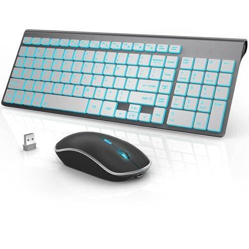 Comfort Essence - J Wireless And Mouse Combo With 7 Backlit Options Quiet Light Up Keys Type-c Rechargeable Sleep Mode- Slient - White+Grey Backlit