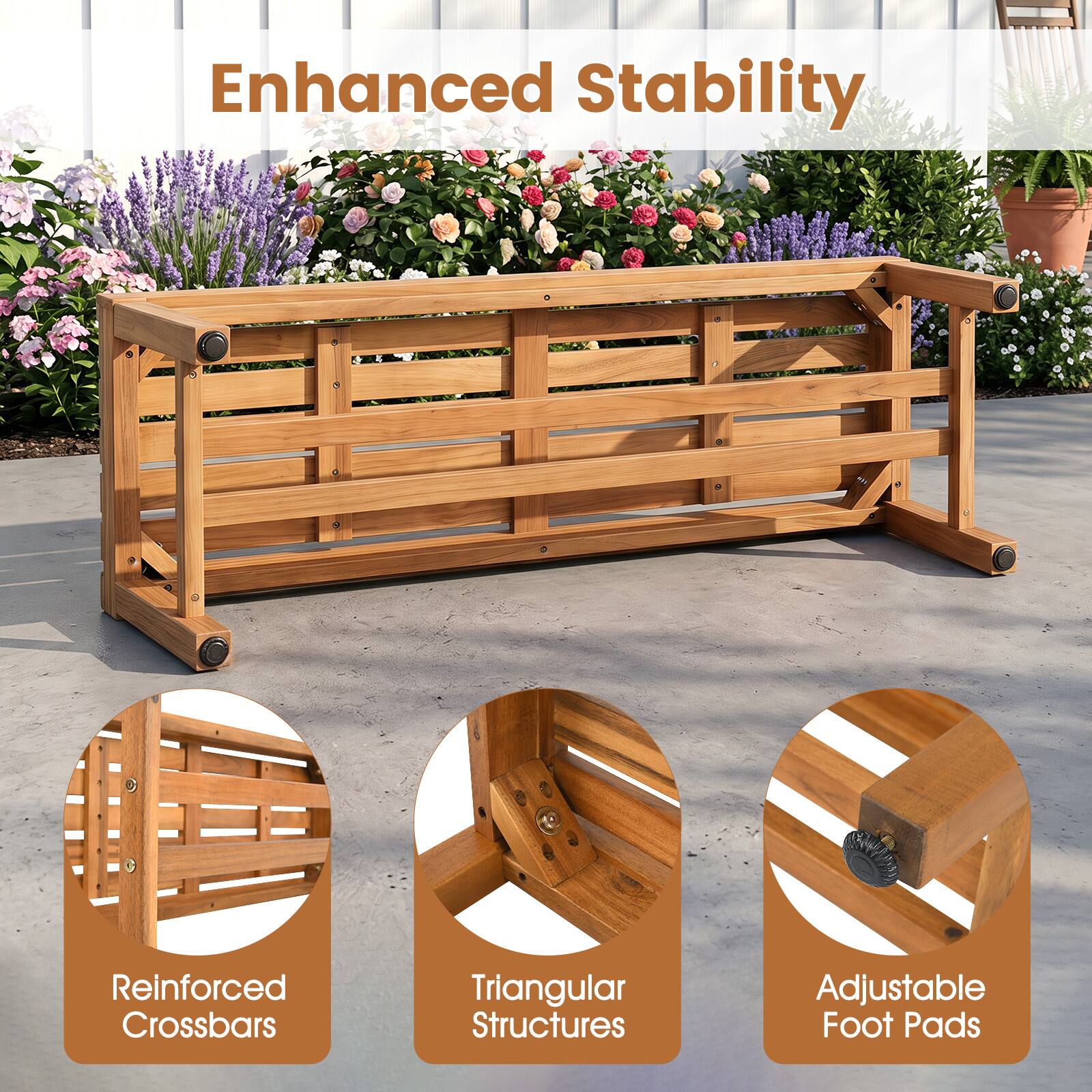 Enhanced Stability

- Reinforced Crossbars
- Triangular Structures
- Adjustable Foot Pads