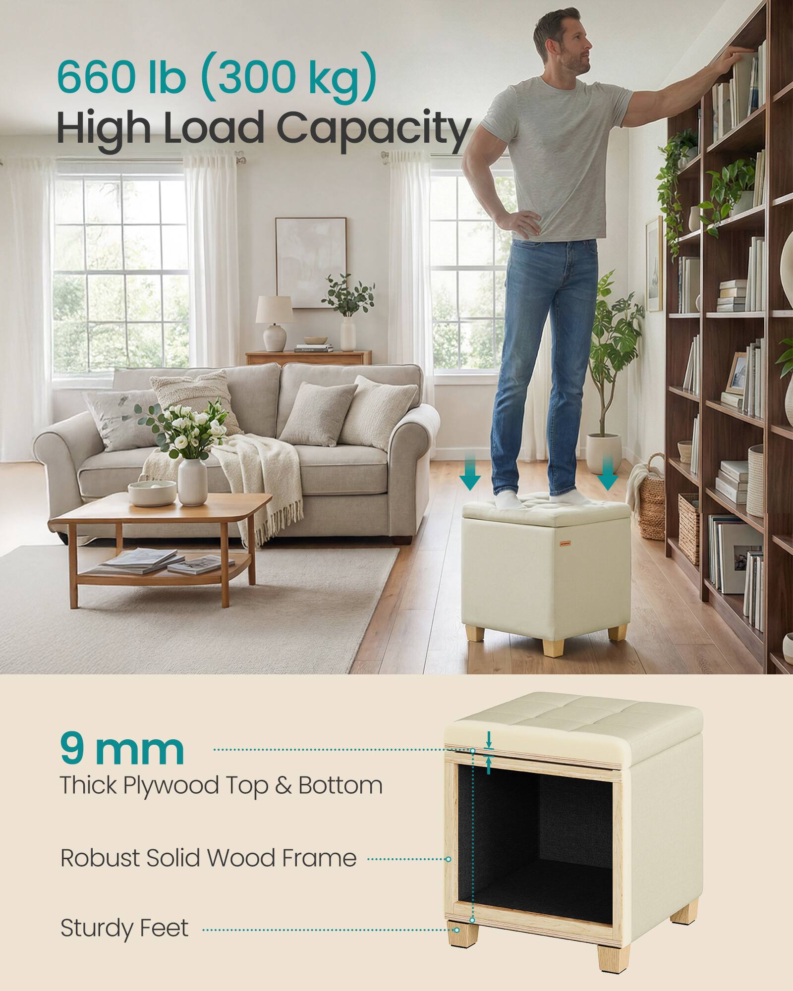 660 lb (300 kg) High Load Capacity

9 mm Thick Plywood Top & Bottom

Robust Solid Wood Frame

Sturdy Feet