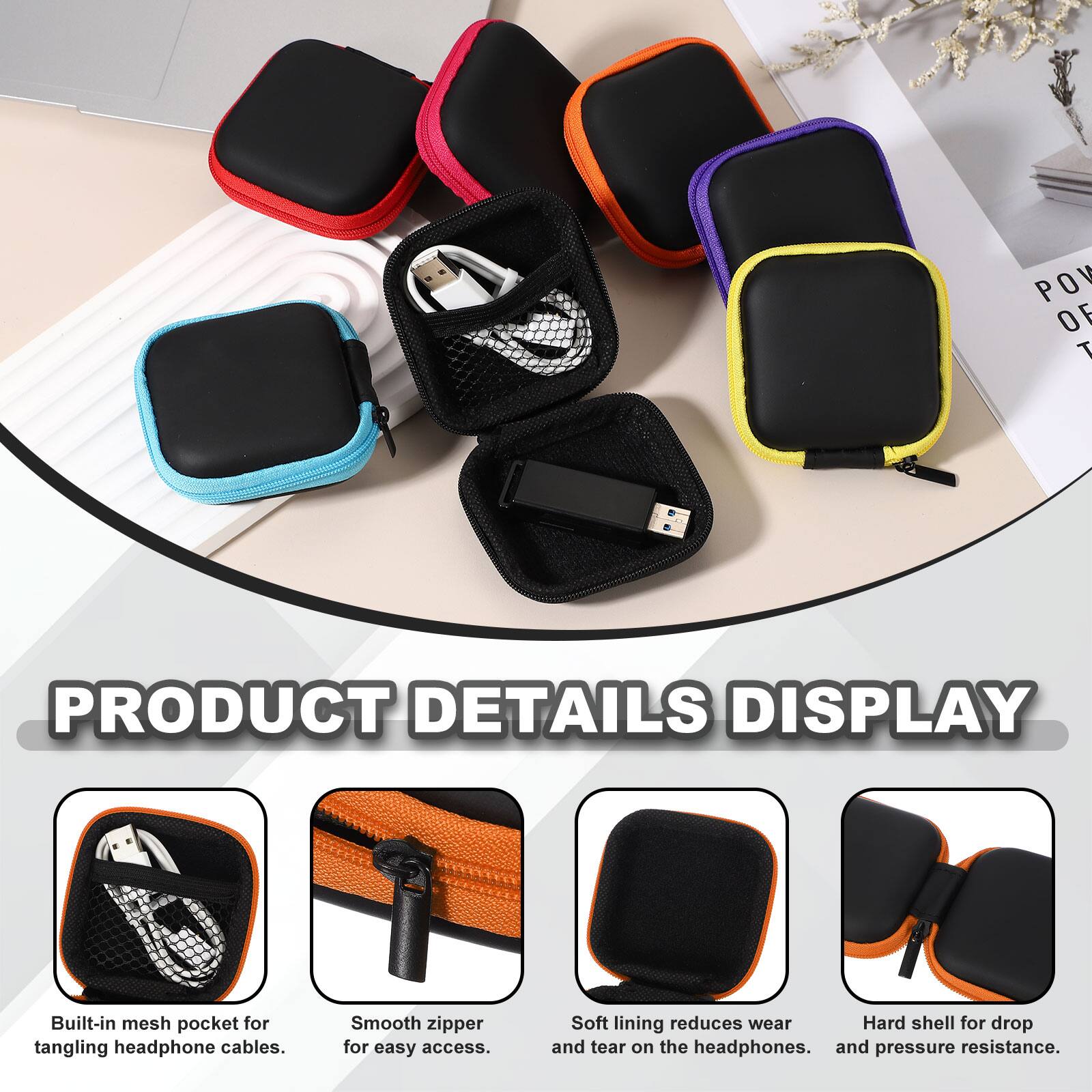 PRODUCT DETAILS DISPLAY

- Built-in mesh pocket for tangling headphone cables.
- Smooth zipper for easy access.
- Soft lining reduces wear and tear on the headphones.
- Hard shell for drop and pressure resistance.