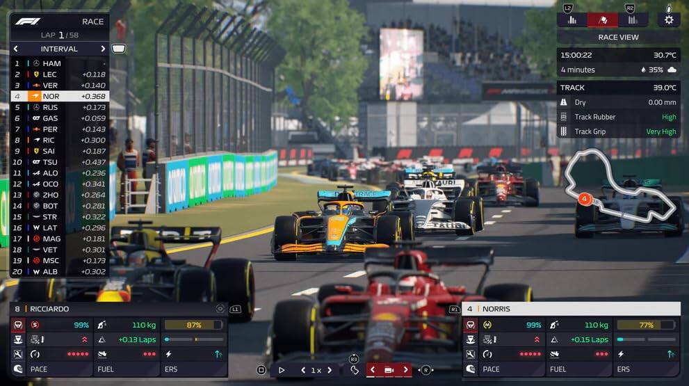 L2 R2 1 2 3 4 5 6 7 8 9 10 11 12 13 14 15 16 17 18 19 20

I I RACE LAP 1 I 58 INTERVAL AM 0

LEC +0.118
VER +0.140
NOR +0.368
RUS +0.173
GAS +0.059
PER +0.143
RIC +0.300
SAI +0.187
TSU +0.437
ALO +0.236
OCO +0.341
ZHO +0.264
BOT +0.281
STR +0.322
LAT +0.296
MAG +0.181
VET +0.301
MSC +0.173
ALB +0.302

TRAC UDI

RACE VIEW

15:00:22
30.