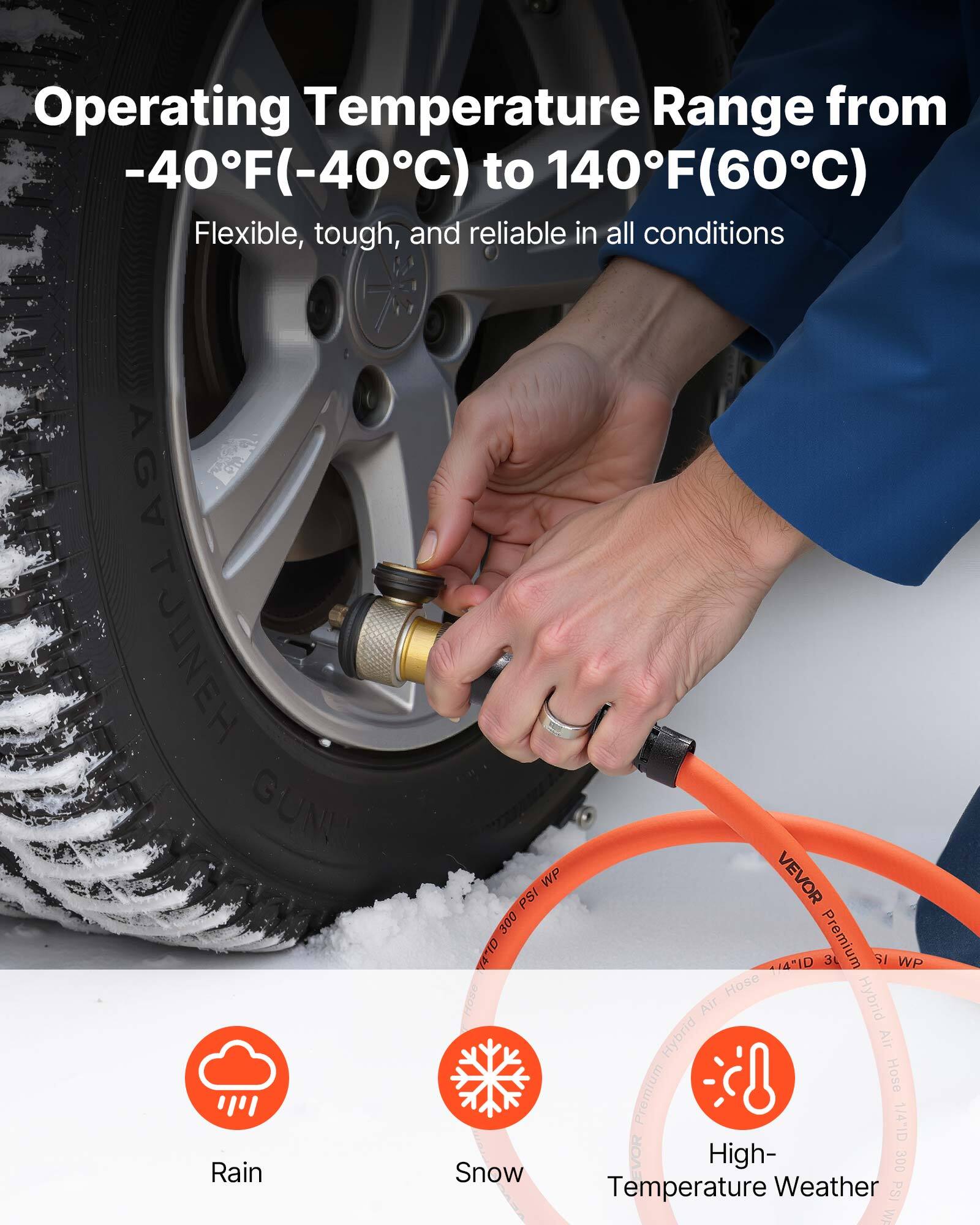 Operating Temperature Range from -40°F(-40°C) to 140°F(60°C)

Flexible, tough, and reliable in all conditions

AGV TJUNEH GUNI

VEVOR PSI 300 49.1D Ad HAID Premium 3 I WP Hose Air Hybrid Hybrid Air Hose Premium 1/4"ID Snow EVOR High- 300 Temperature Weather PSI W