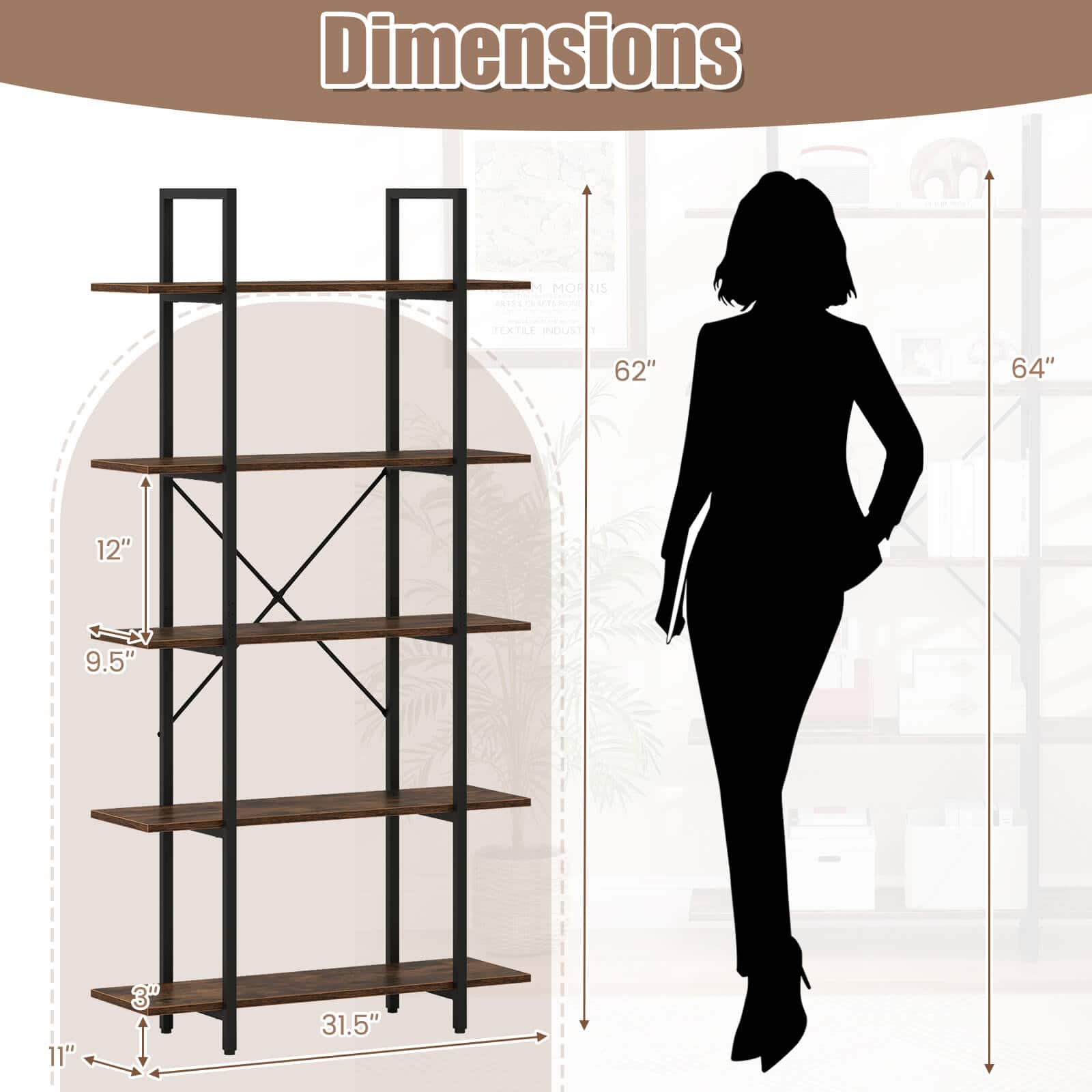 Costway 1 PCS 5 Tier Bookshelf 62