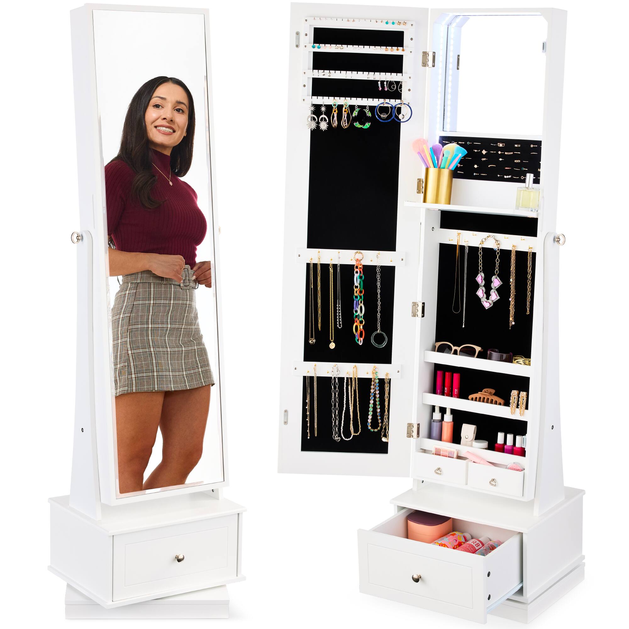 Front. Best Choice Products - Best Choice Products 360 Swivel Standing Mirrored Jewelry Cabinet, LED-Lit Makeup Organizer w/ Mirror - White - White.