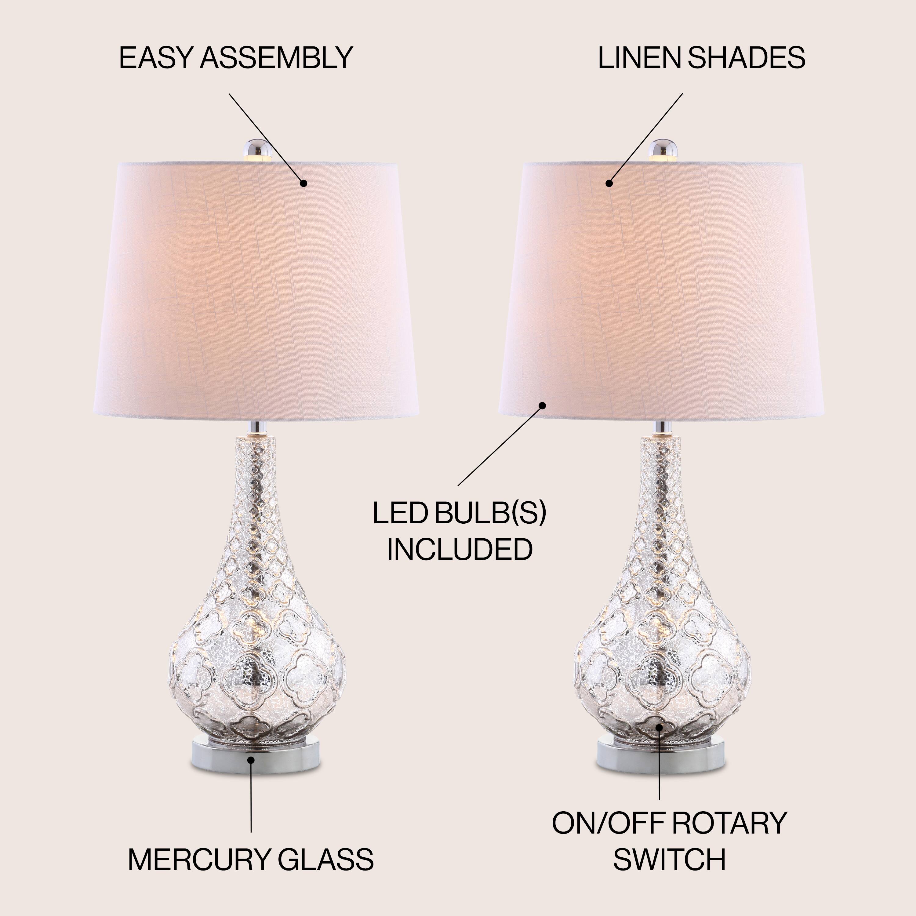 - EASY ASSEMBLY
- LINEN SHADES
- LED BULB(S) INCLUDED
- MERCURY GLASS
- ON/OFF ROTARY SWITCH