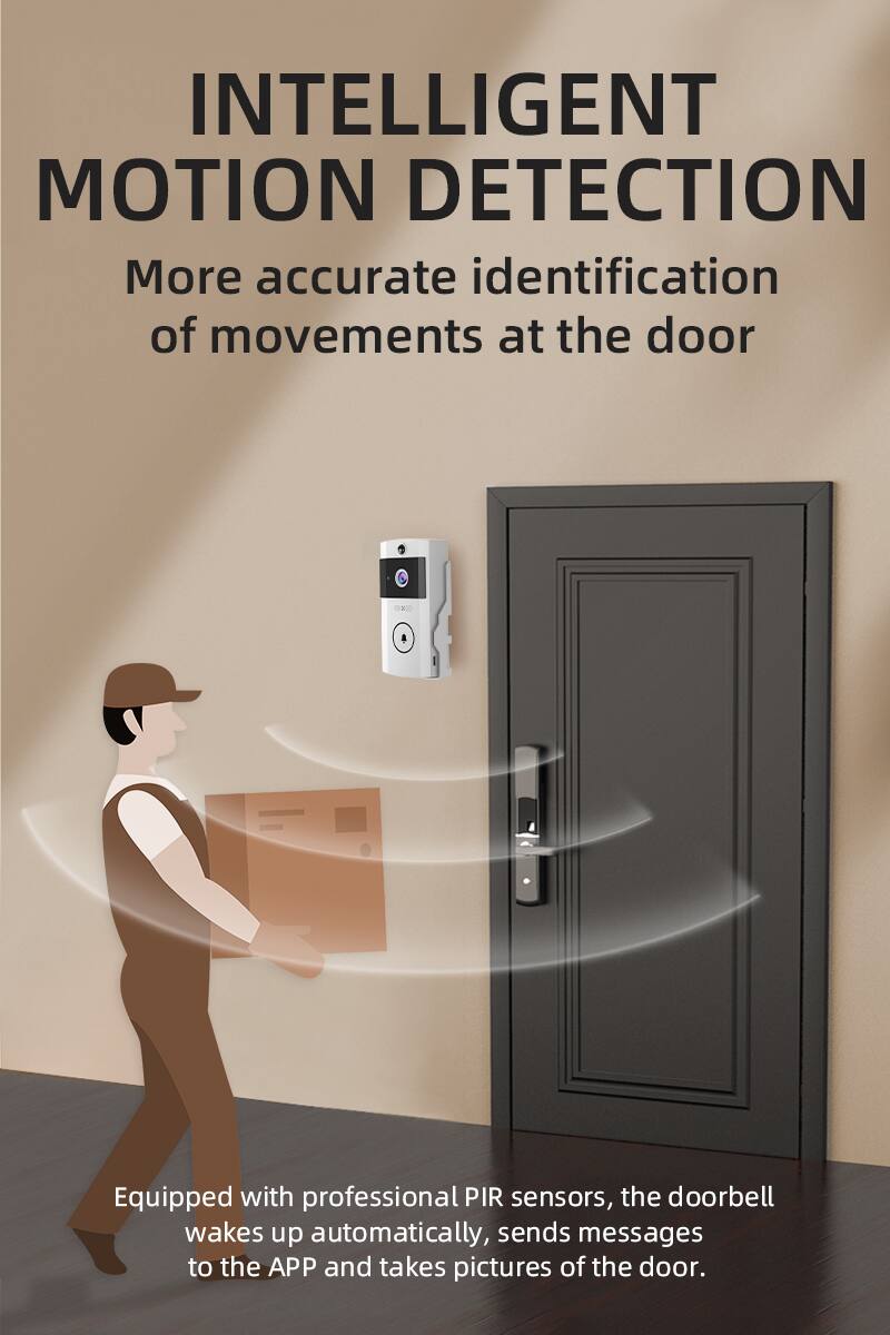 INTELLIGENT MOTION DETECTION  
More accurate identification of movements at the door  

Equipped with professional PIR sensors, the doorbell wakes up automatically, sends messages to the APP and takes pictures of the door.