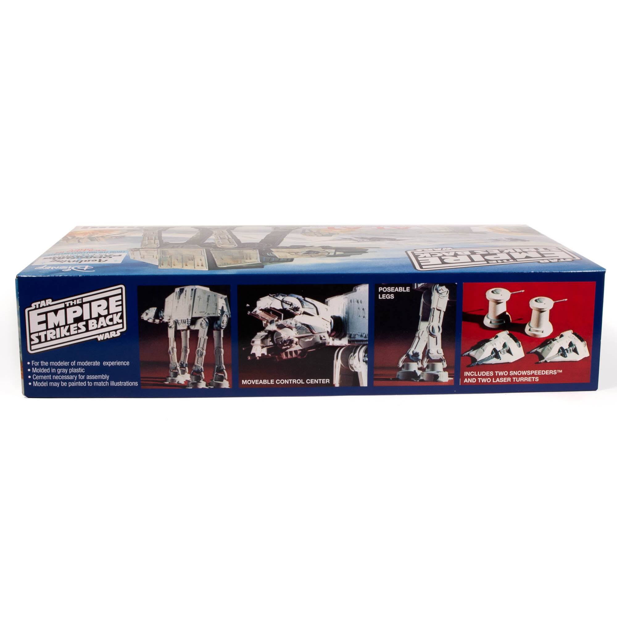 The Empire Strikes Back Star Wars model kit is designed for the moderately experienced modeler. The kit includes molded in prey plastic and requires cement for assembly. The model may require painting to match the illustrations. The kit features moveable control center, posable legs, and two snow speeders, as well as two laser turrets.