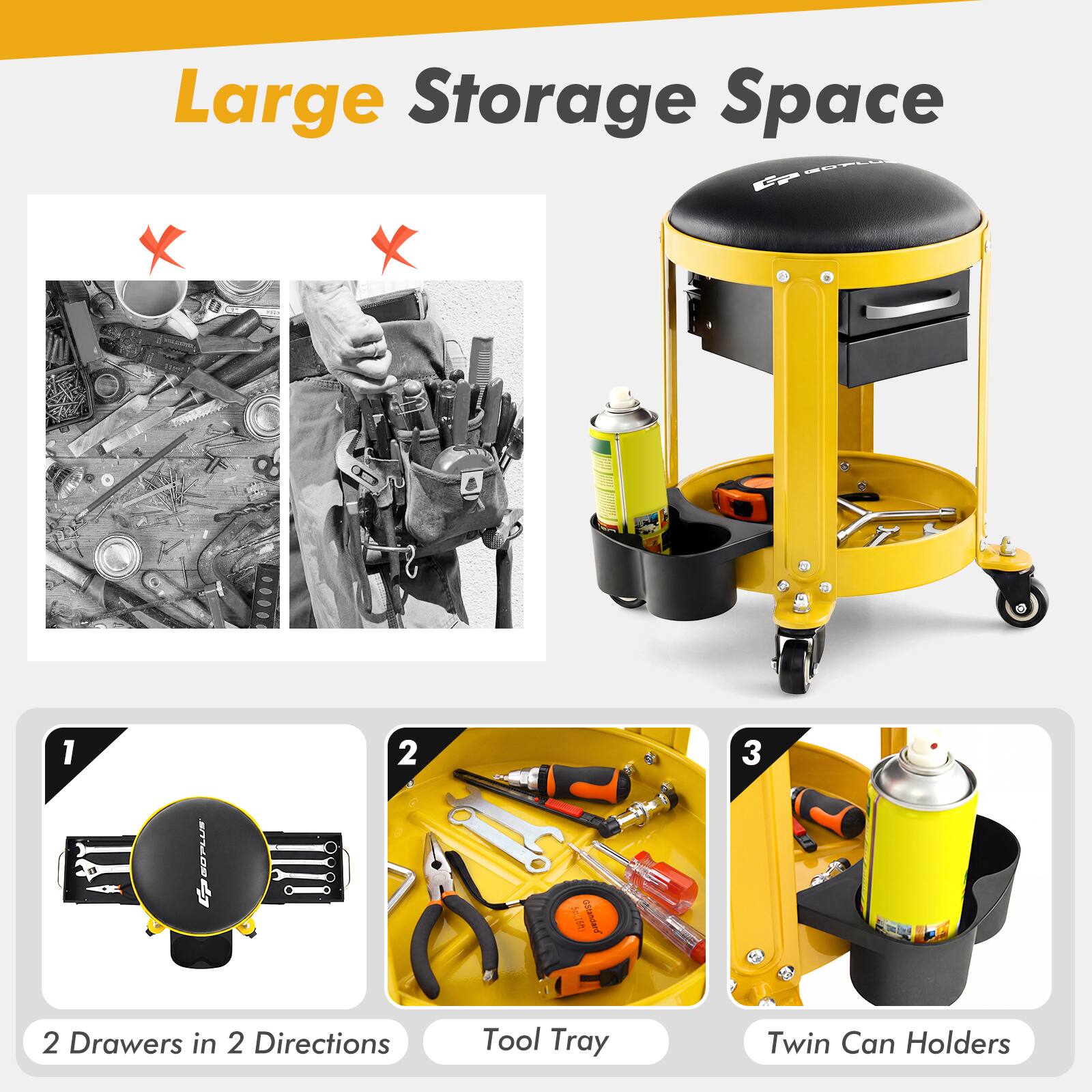 Large Storage Space GOYLU CP

1. GP GOPLUS
2. 5m:16h) GStandard
3. 2 Drawers in 2 Directions
Tool Tray
Twin Can Holders