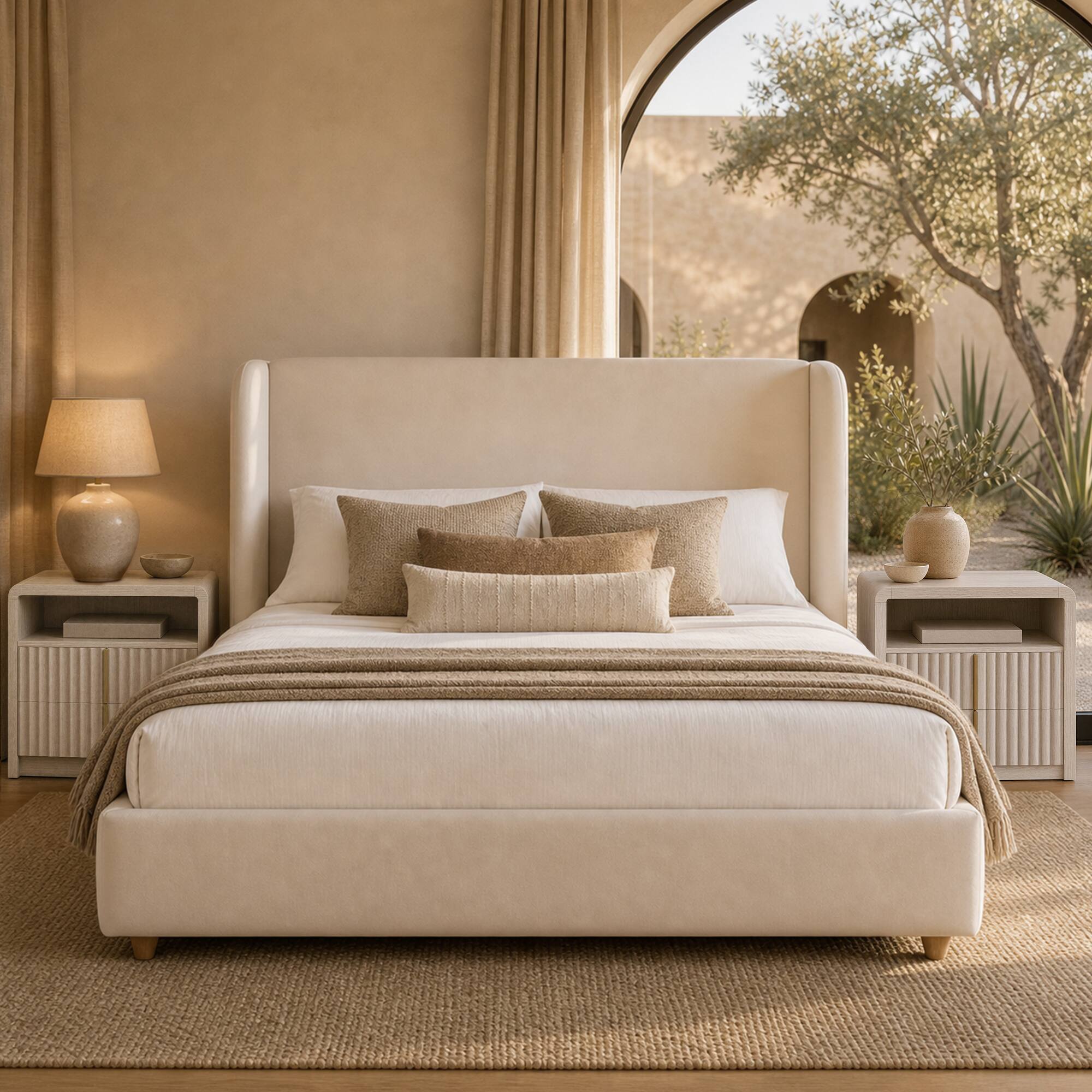 Left. ModernMate - 47" Tall Wingback Headboard Bed Frame, Cream Suede Upholstered Platform Bed,Noise-Free Design - Begie.