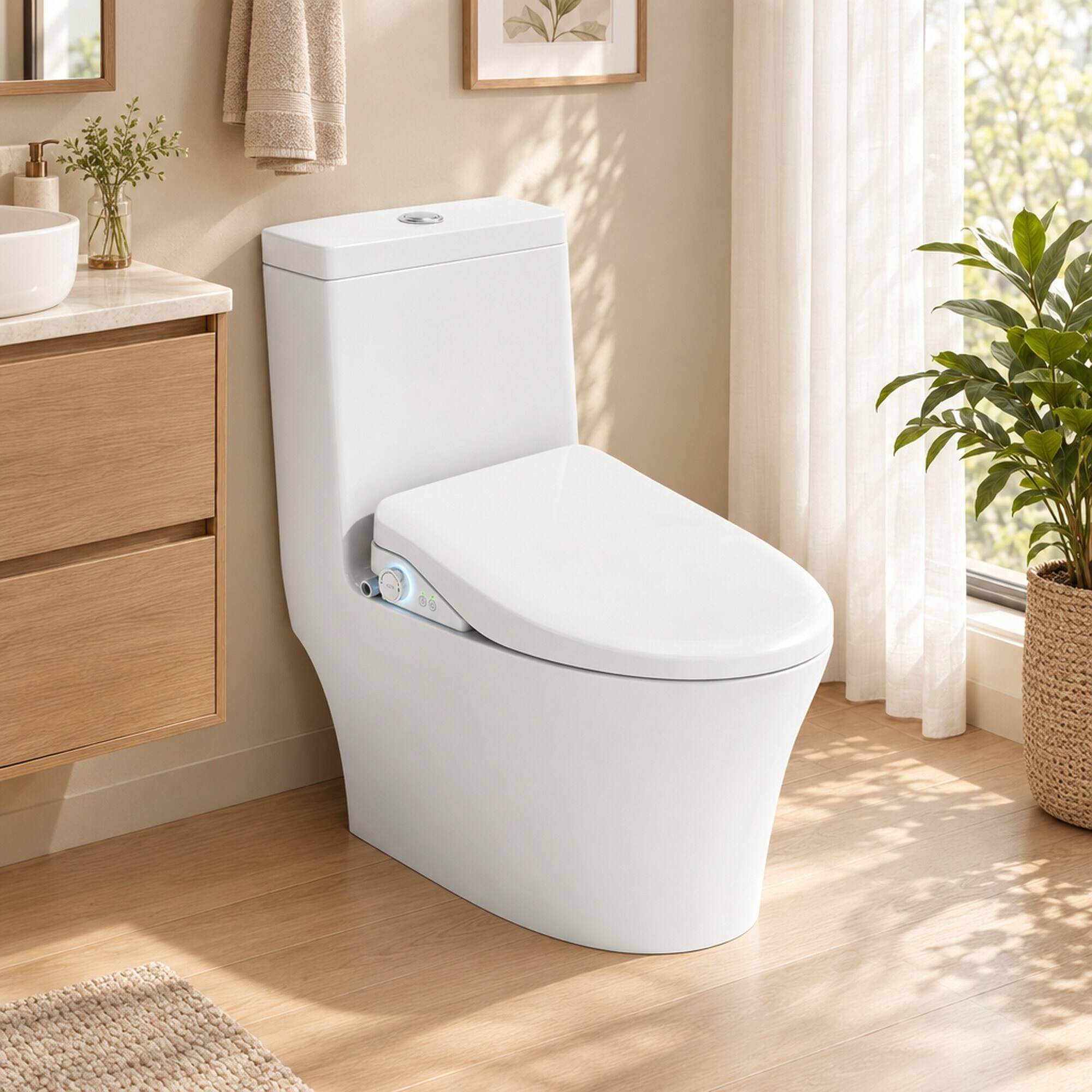 Alt View 2. RYHNUYNE - Smart Bidet Toilet Seat, Side Knob Heated Seat Water Temperature and Pressure Adjustment Automatic Nozzle Cleaning - White.
