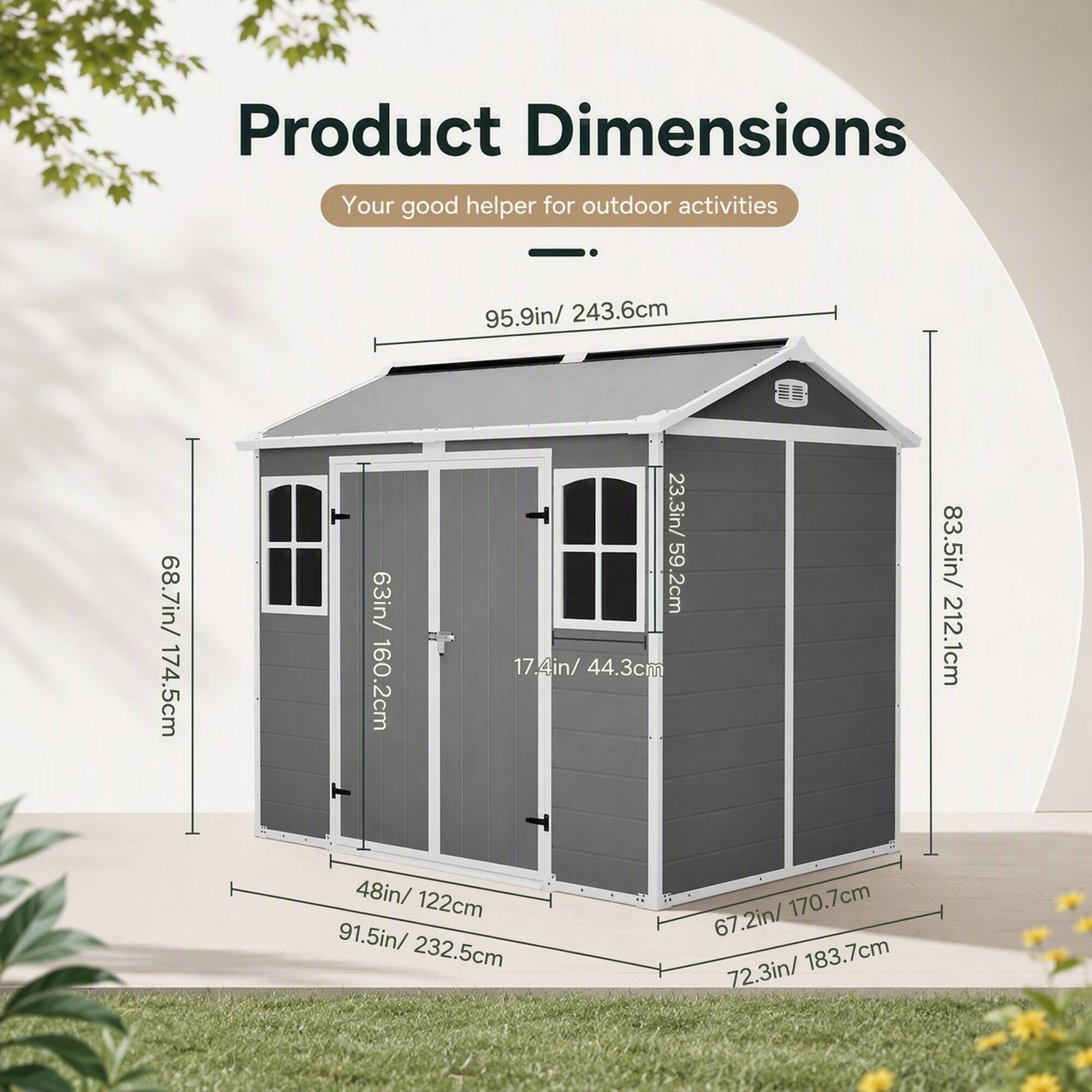 Product Dimensions  
Your good helper for outdoor activities

- 95.9in/ 243.6cm
- 68.7in/ 174.5cm
- 63in/ 160.2cm
- 23.3in/ 59.2cm
- 17.4in/ 44.3cm
- 83.5in/ 212.1cm
- 48in/ 122cm
- 91.5in/ 232.5cm
- 67.2in/ 170.7cm
- 72.3in/ 183.7cm