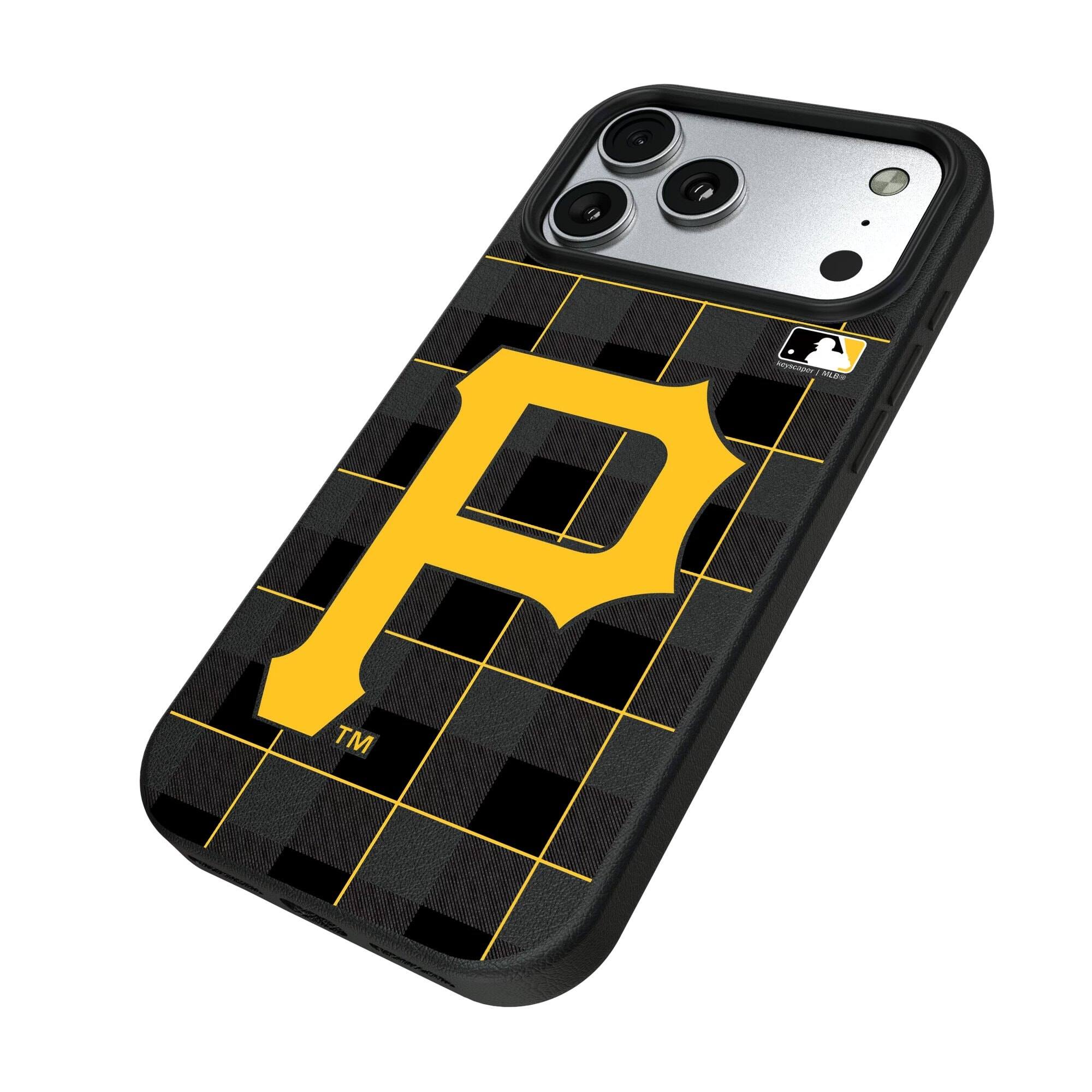 Alt View 1. Keyscaper - Pittsburgh Pirates Plaid Magnetic Bump iPhone Case - 16 Plus - Black.