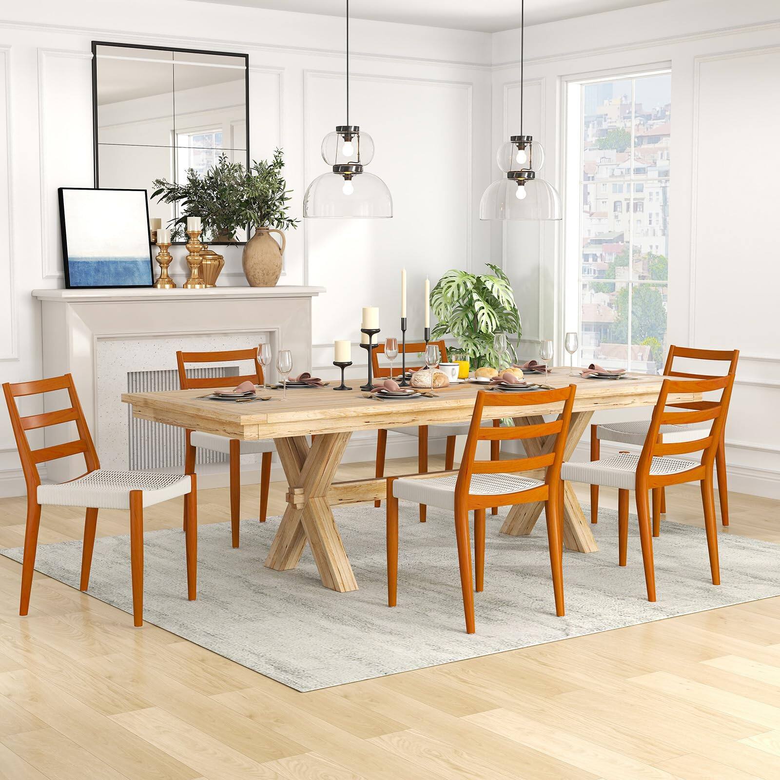 Back. Bestier - Dining Chairs with Curved Wooden Backrest, Woven Rope Seat and Solid Wood Tapered Legs - wooden.