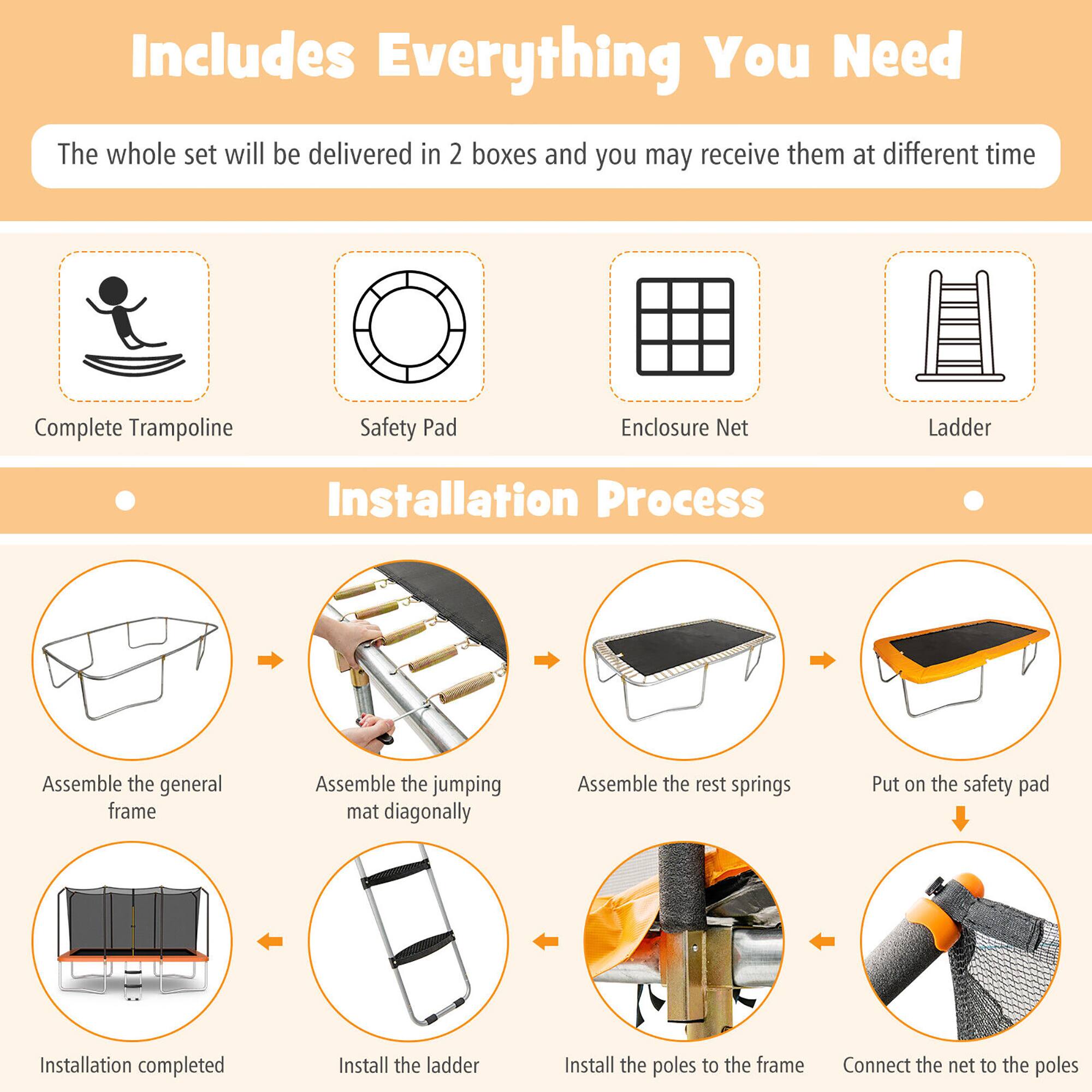 **Includes Everything You Need**

The whole set will be delivered in 2 boxes and you may receive them at different time

- Complete Trampoline
- Safety Pad
- Enclosure Net
- Ladder

**Installation Process**

1. Assemble the general frame
2. Assemble the jumping mat diagonally
3. Assemble the rest springs
4. Put on the safety pad
5. Install the ladder
6. Install the poles to the frame
7. Connect the net to the poles
8. Installation completed
