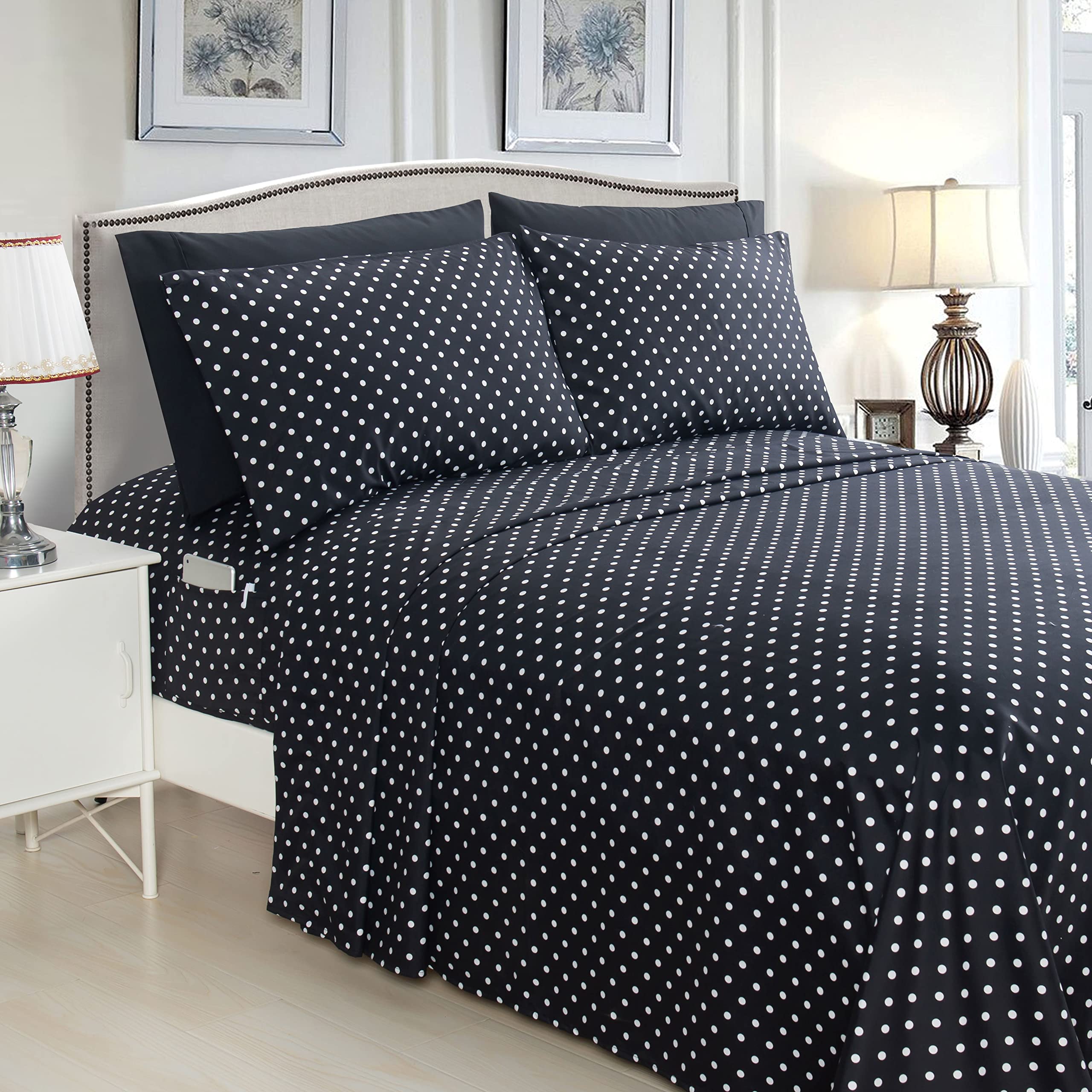 Left. TECH SAFARI - Luxury Soft Bed Sheets Polkadot Pattern 1500 Hotel Quality Microfiber Softness Wrinkle And Fade Resistant 6 - Polkadot Black Full.