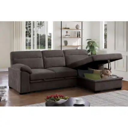 Front. LUCKY ONE - 94" Brown Chenille Sleeper Sectional Sofa with Right-Facing Storage Chaise, Pull-Out Bed, USB Console, Cupholders - Brown.