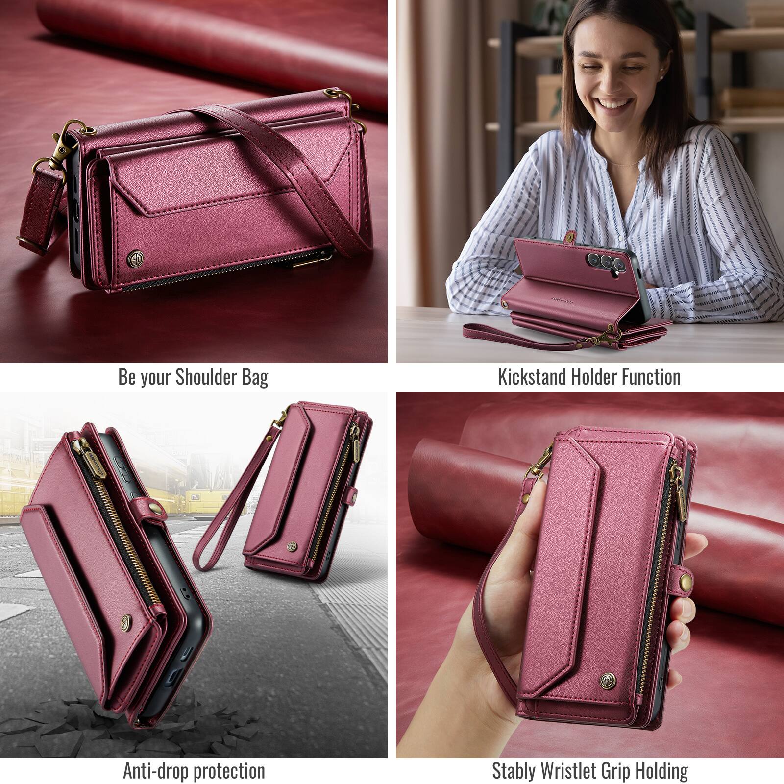 Be your Shoulder Bag  
Kickstand Holder Function  
Anti-drop protection  
Stably Wristlet Grip Holding