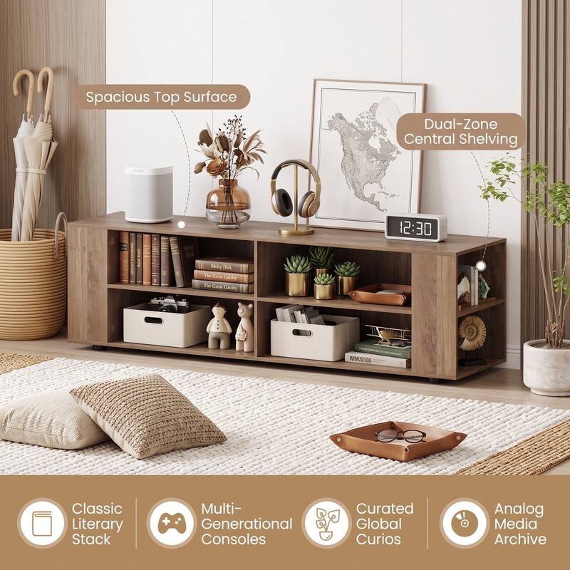 Spacious Top Surface  
Dual-Zone Central Shelving  
12:30  
Moby Dick The Great Gatsby The Great Gatsby  
WINISTIDO  
Classic Literary Stack  
Multi-Generational Consoles  
Curated Global Curios  
Analog Media Archive